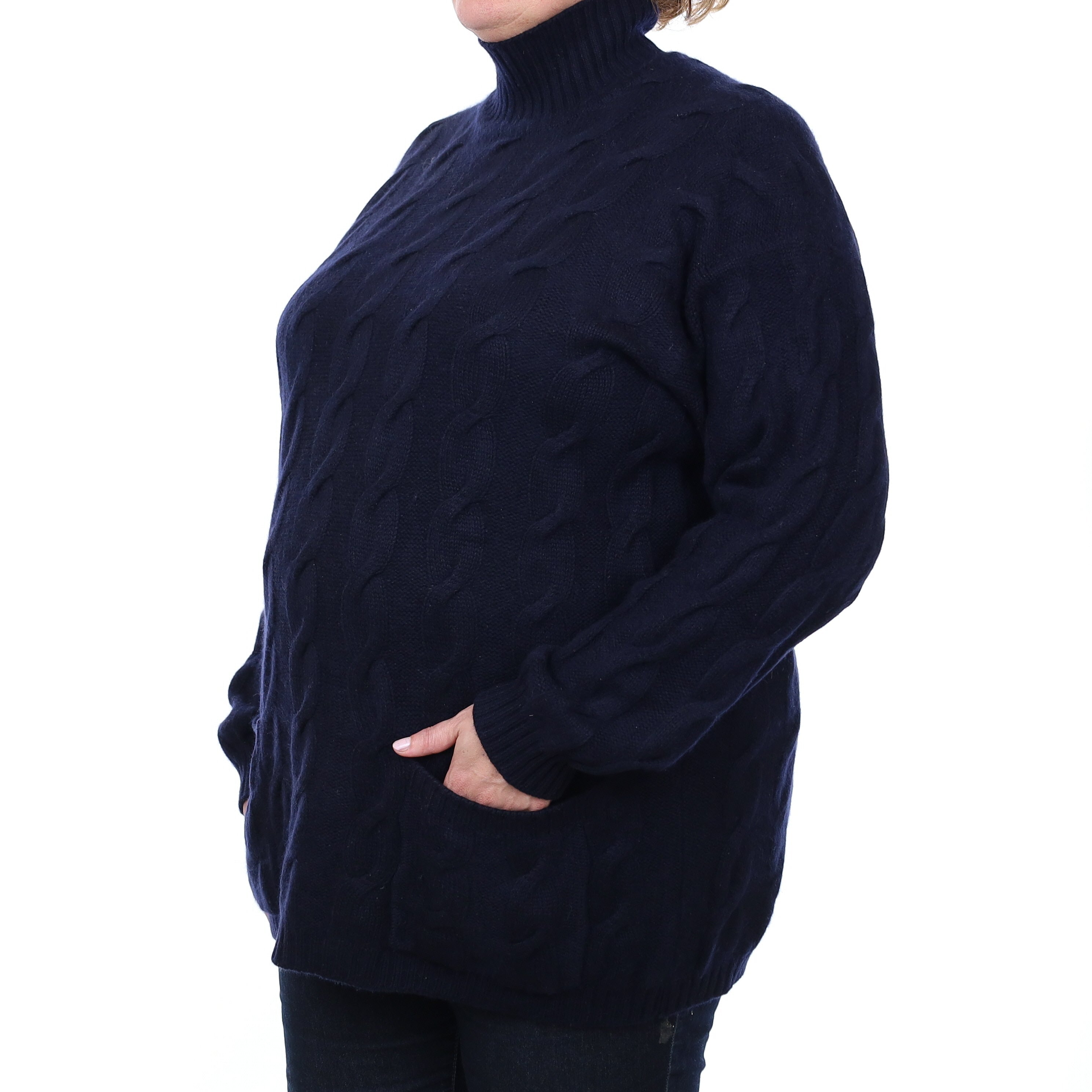 Navy Chunky Cable Cashmere Turtleneck Jumper with Pockets Extra Large