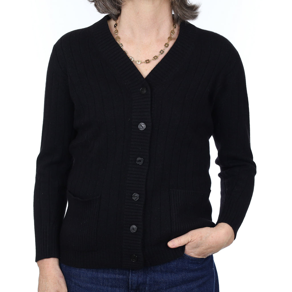 Black Chunky Rib Cashmere V Neck Cardigan with Pockets Medium