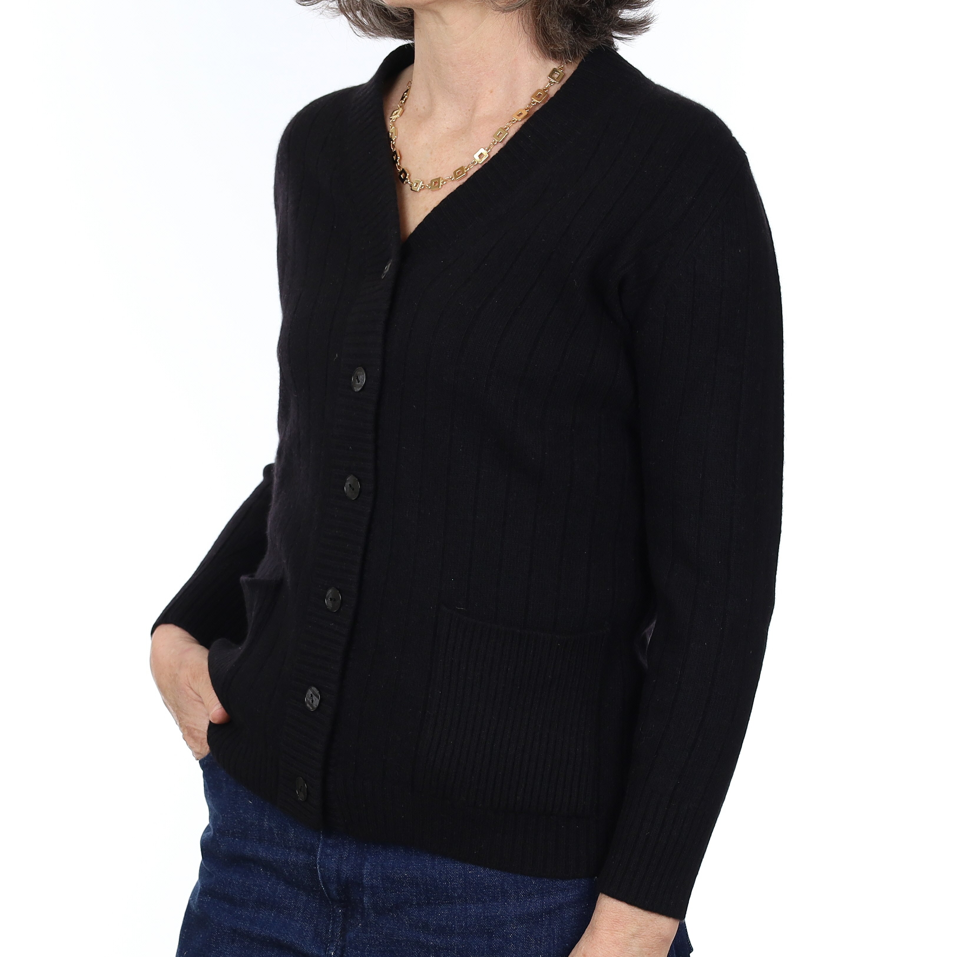 Black Chunky Rib Cashmere V Neck Cardigan with Pockets Medium