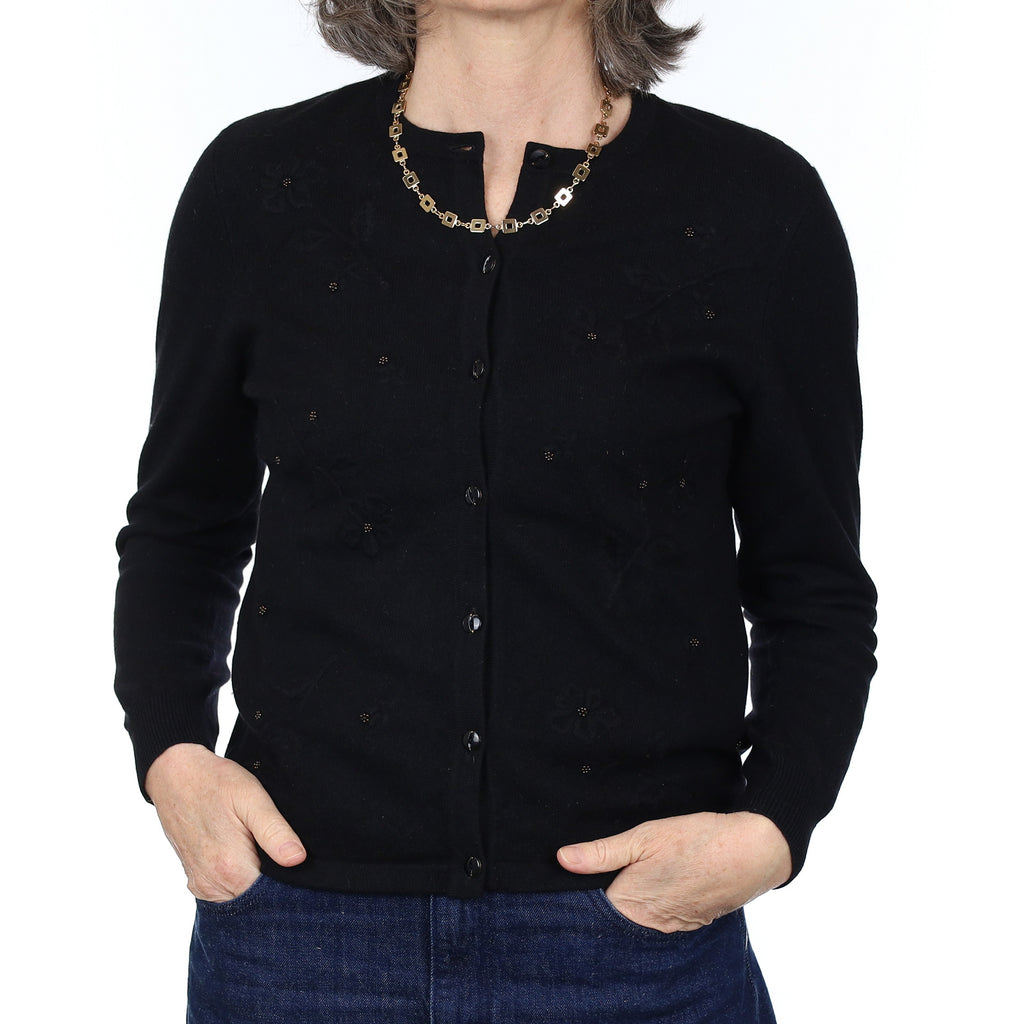 Black Embellished Cashmere Crew Neck Cardigan Medium