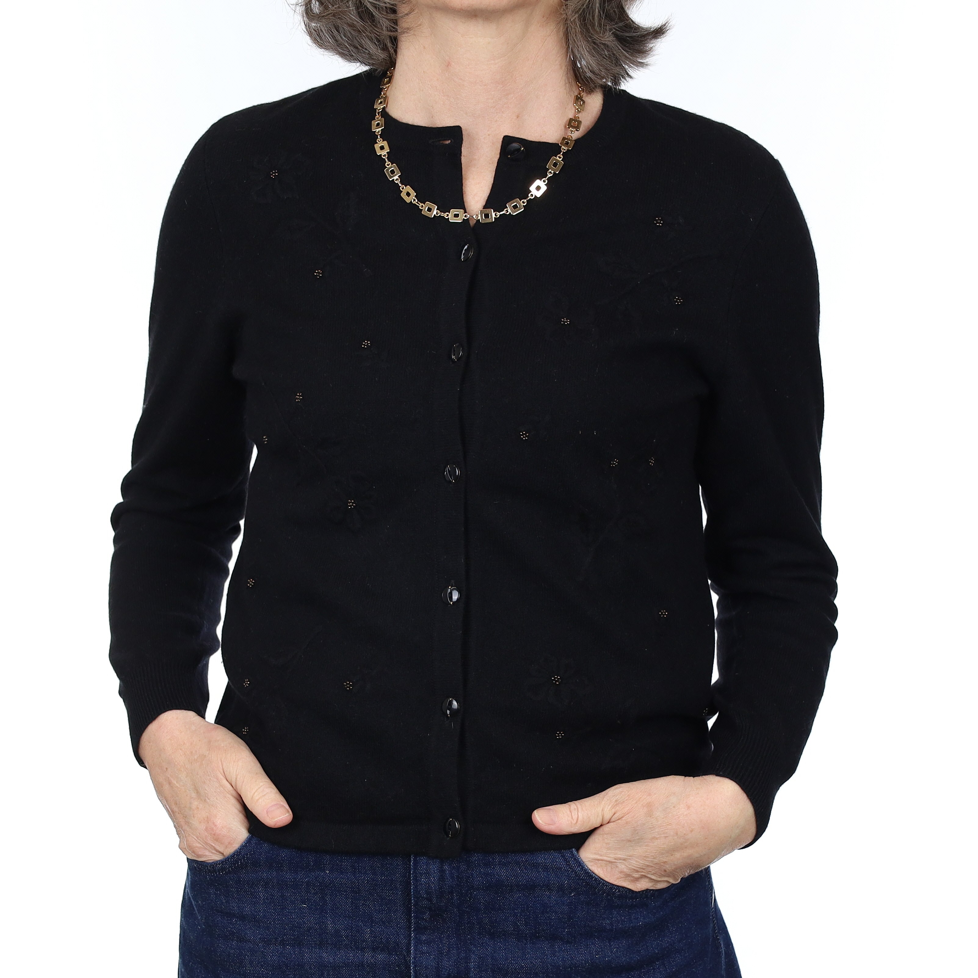 Black Embellished Cashmere Crew Neck Cardigan Medium