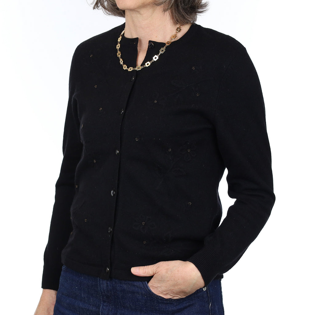 Black Embellished Cashmere Crew Neck Cardigan Medium