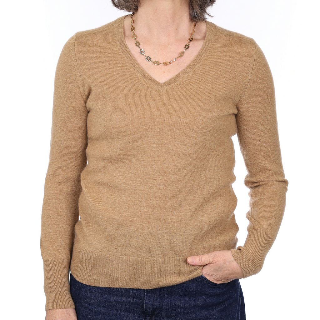 Caramel Brown Cashmere V Neck Jumper Medium