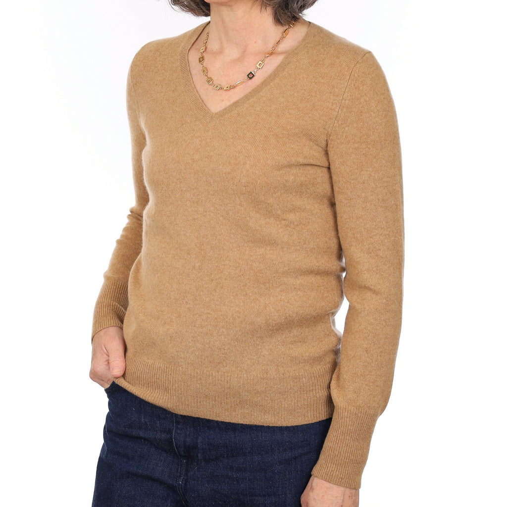 Caramel Brown Cashmere V Neck Jumper Medium