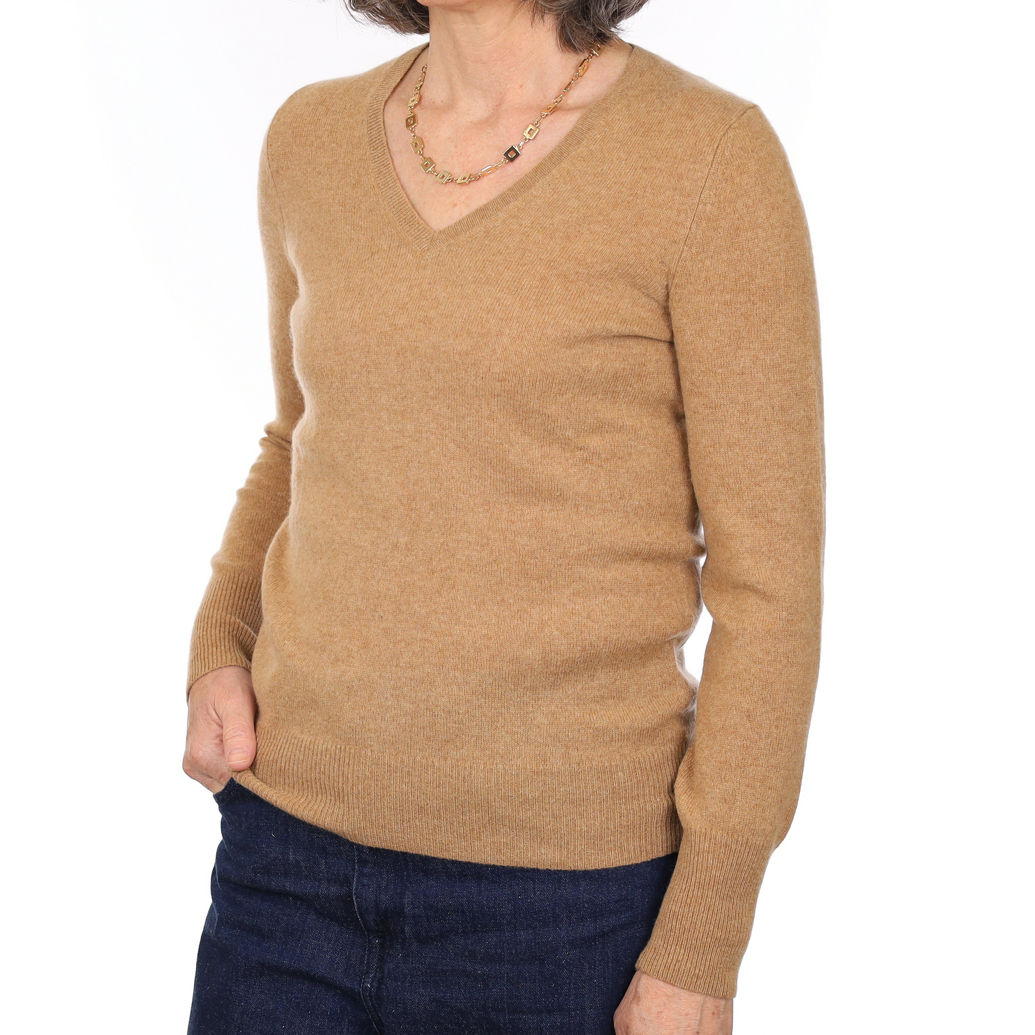 Caramel Brown Cashmere V Neck Jumper Medium