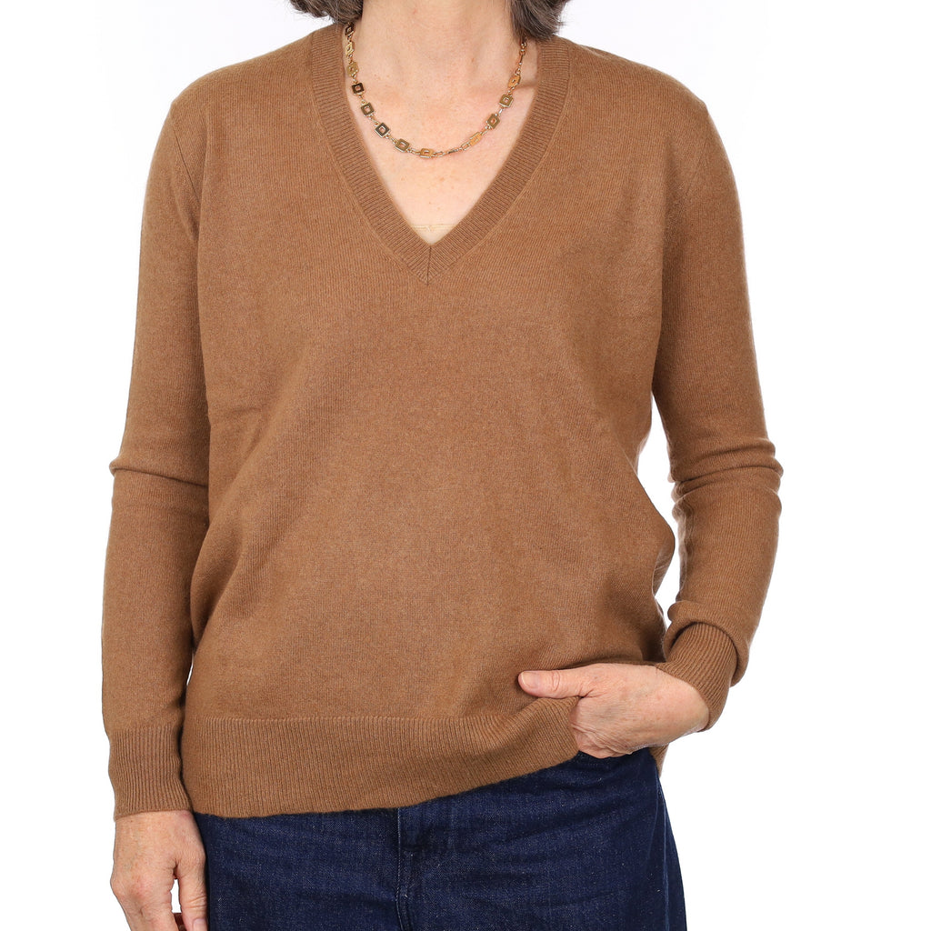 Toffee Brown Cashmere V Neck Jumper Medium
