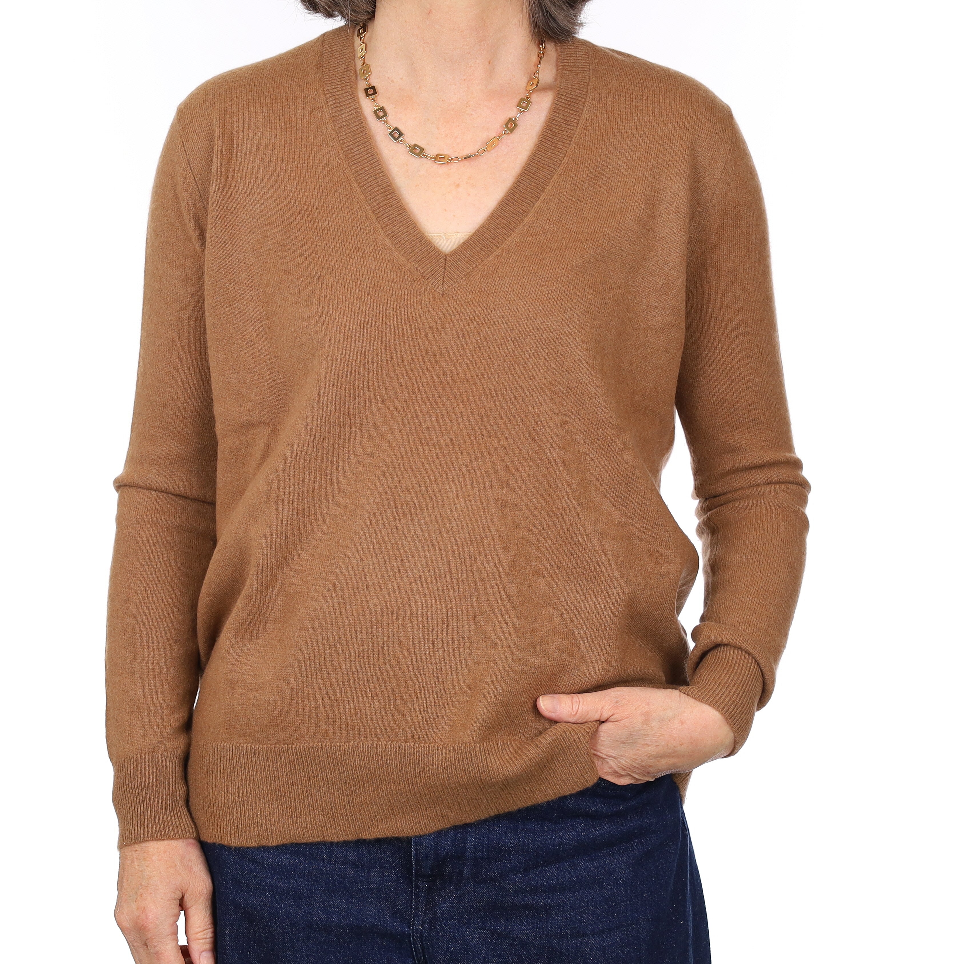 Toffee Brown Cashmere V Neck Jumper Medium