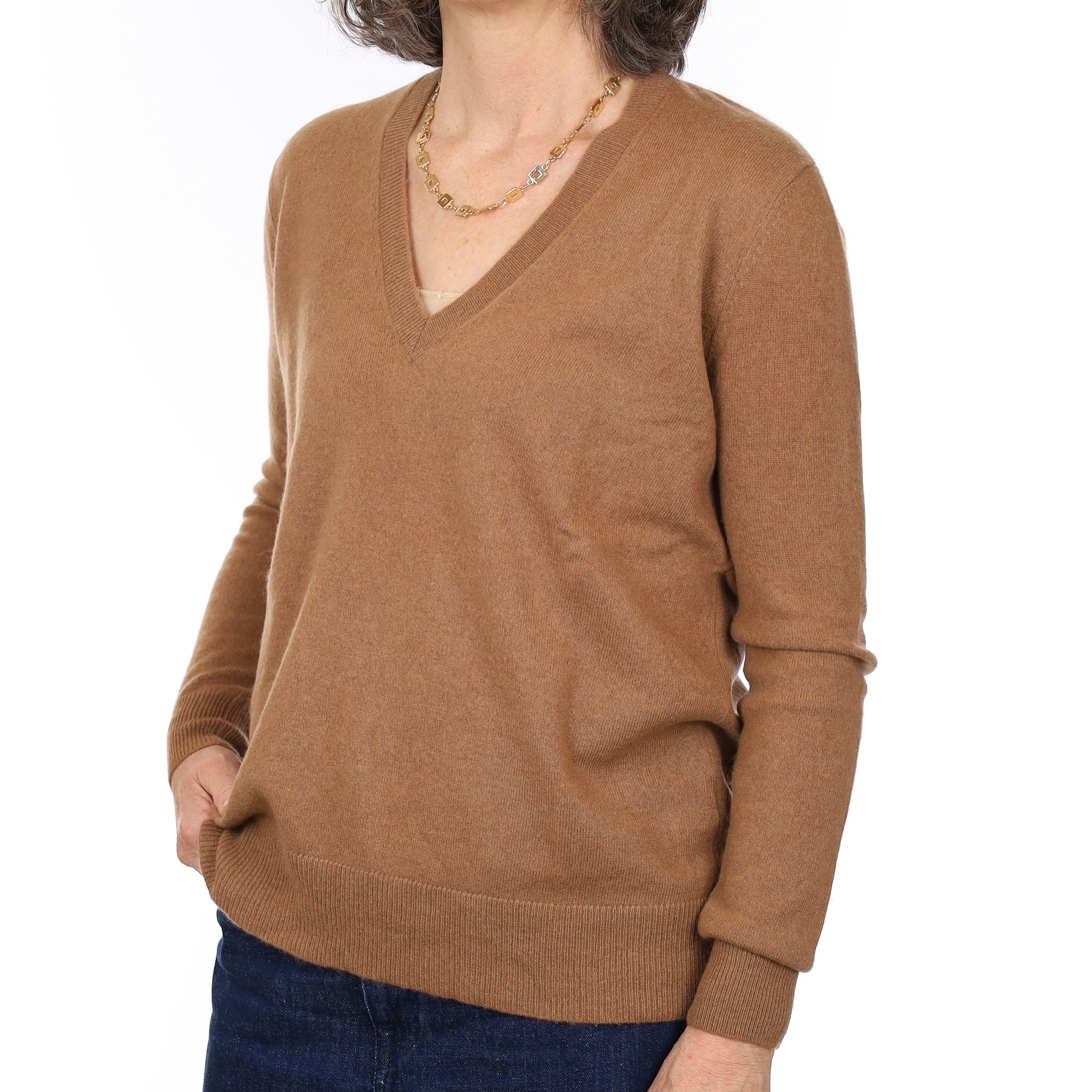 Toffee Brown Cashmere V Neck Jumper Medium