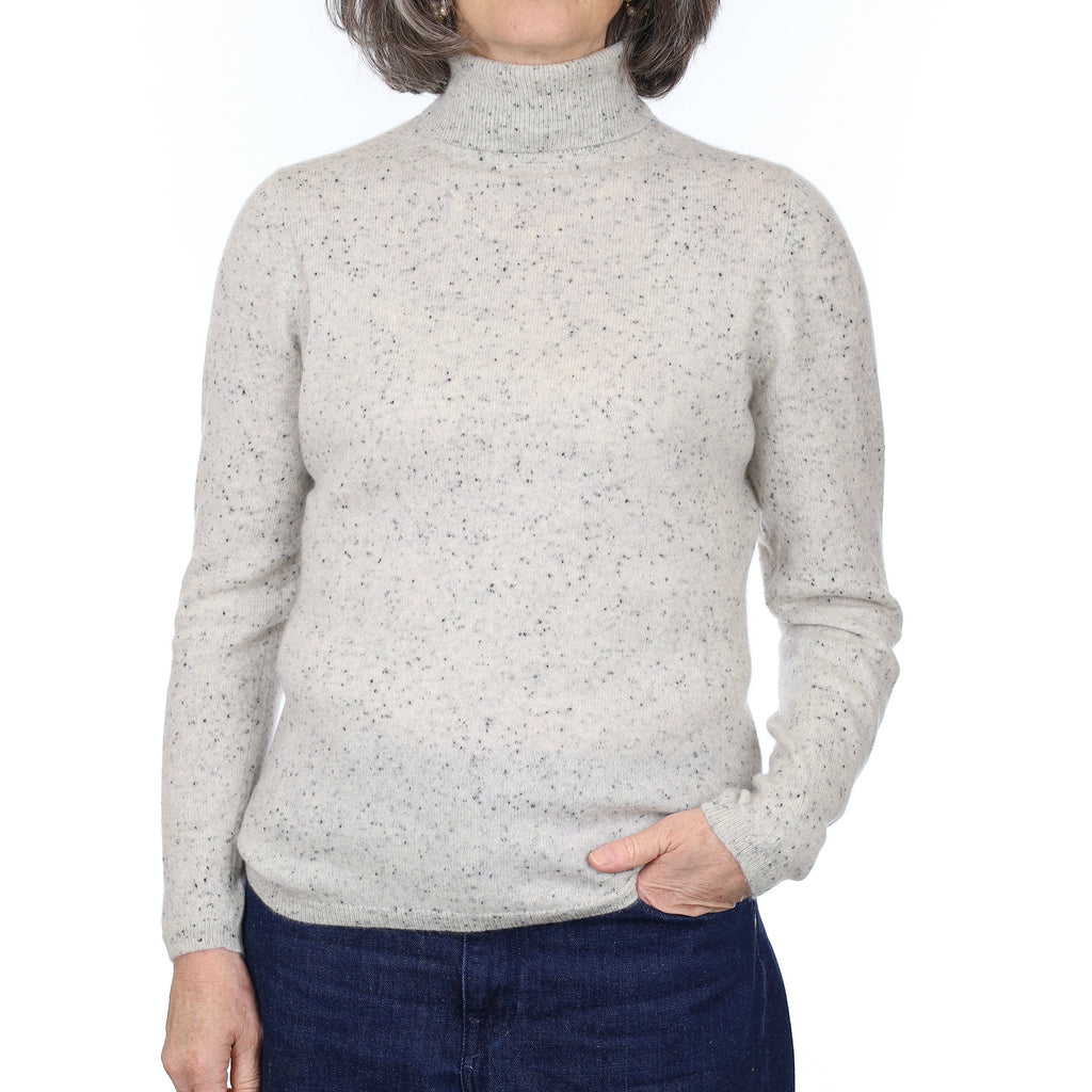 Grey Flecked Cashmere Polo Neck Jumper Medium