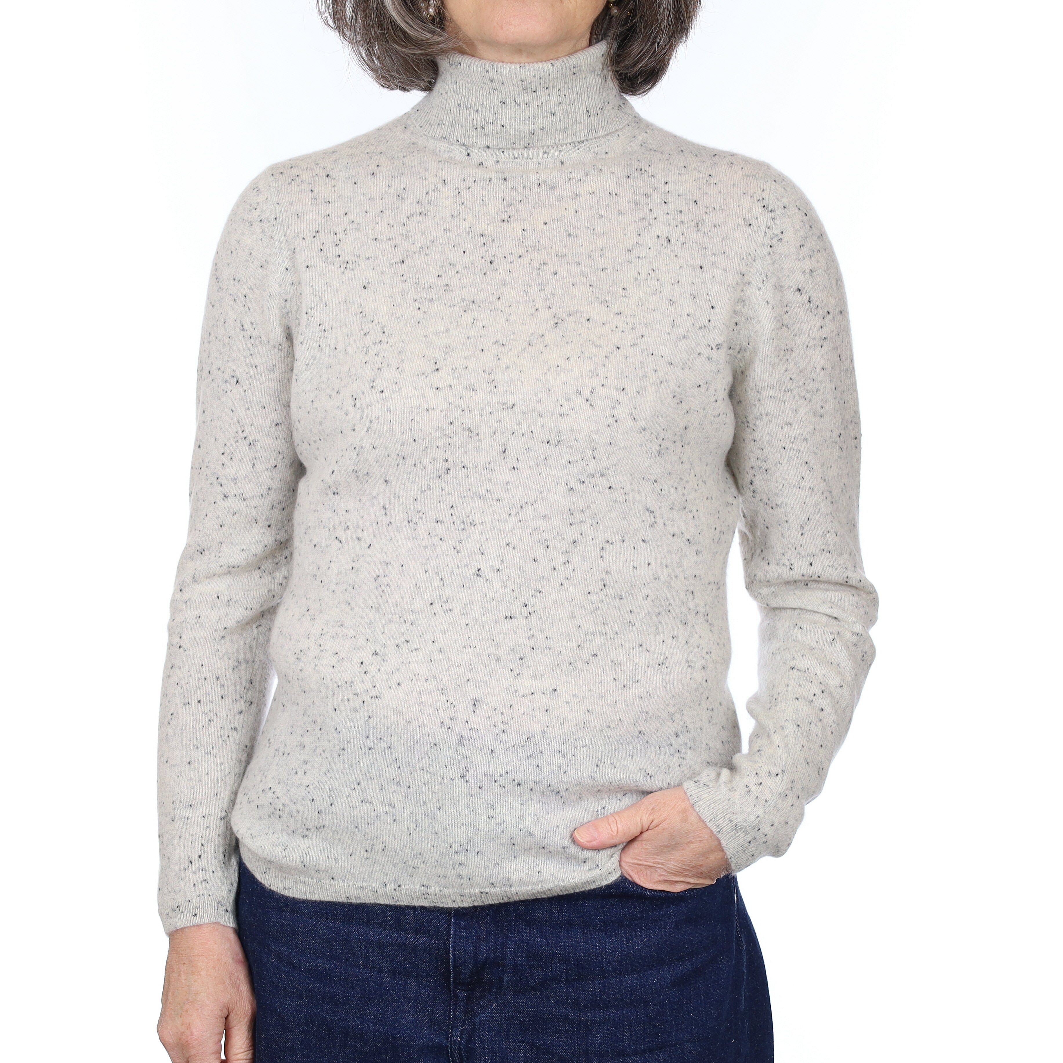 Grey Flecked Cashmere Polo Neck Jumper Medium
