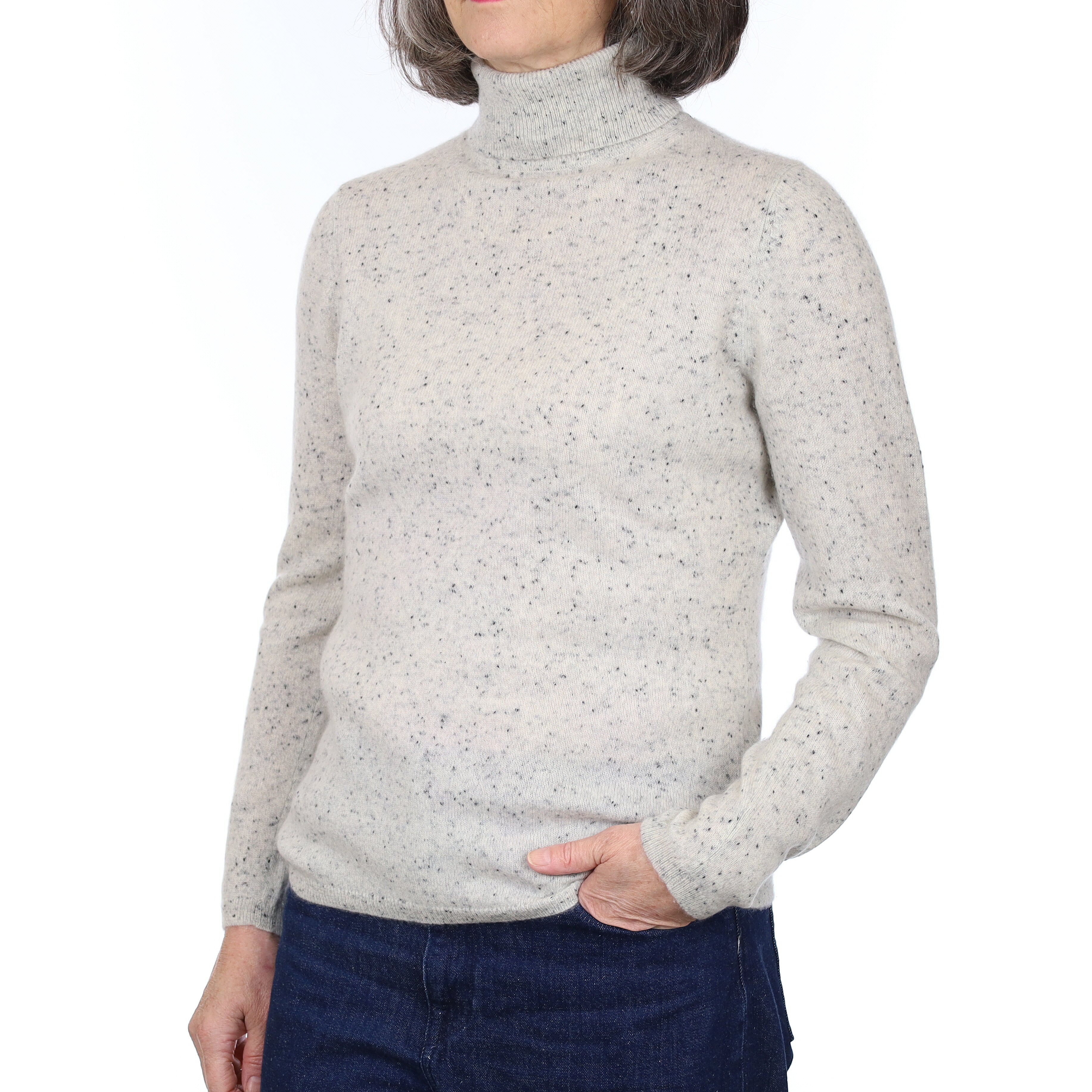 Grey Flecked Cashmere Polo Neck Jumper Medium