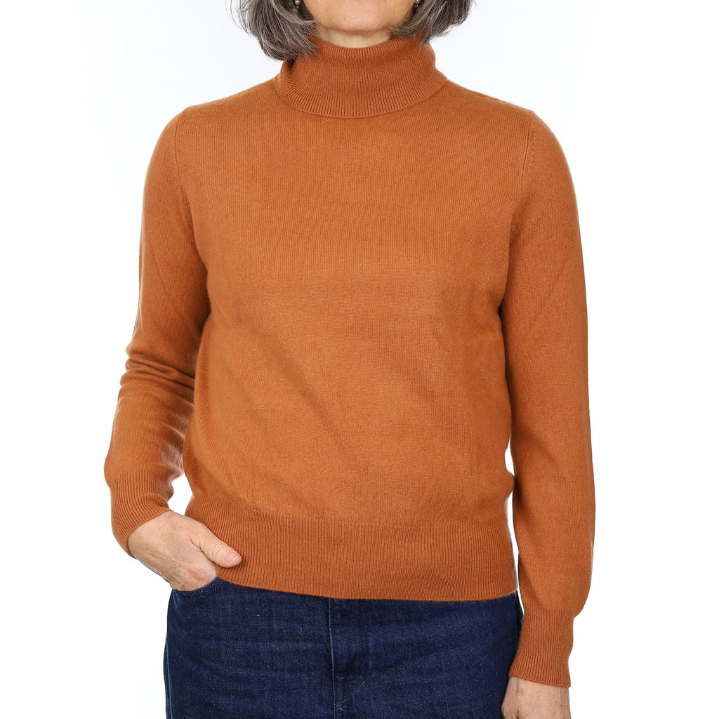 Rust Orange Cashmere Polo Neck Jumper Medium