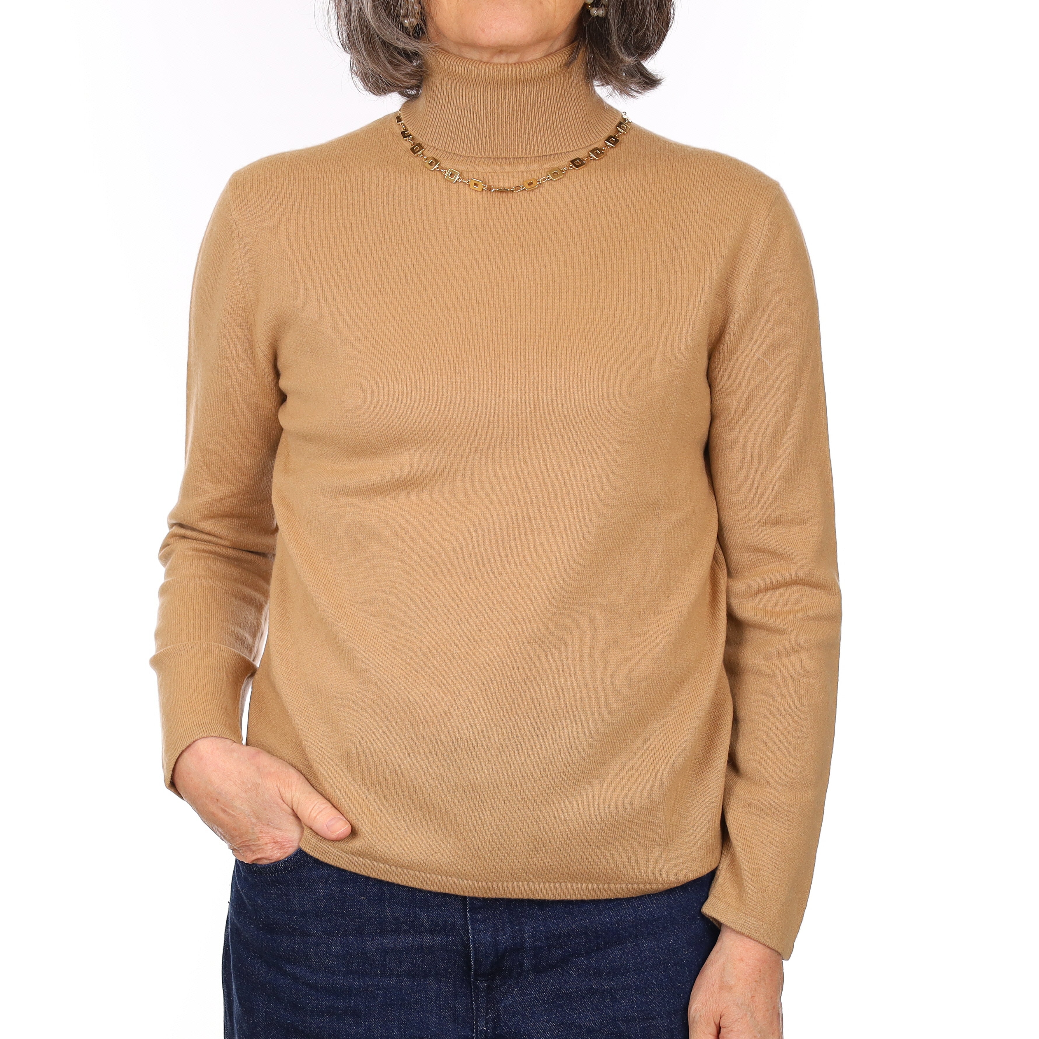 Camel Brown Cashmere Polo Neck Jumper Medium