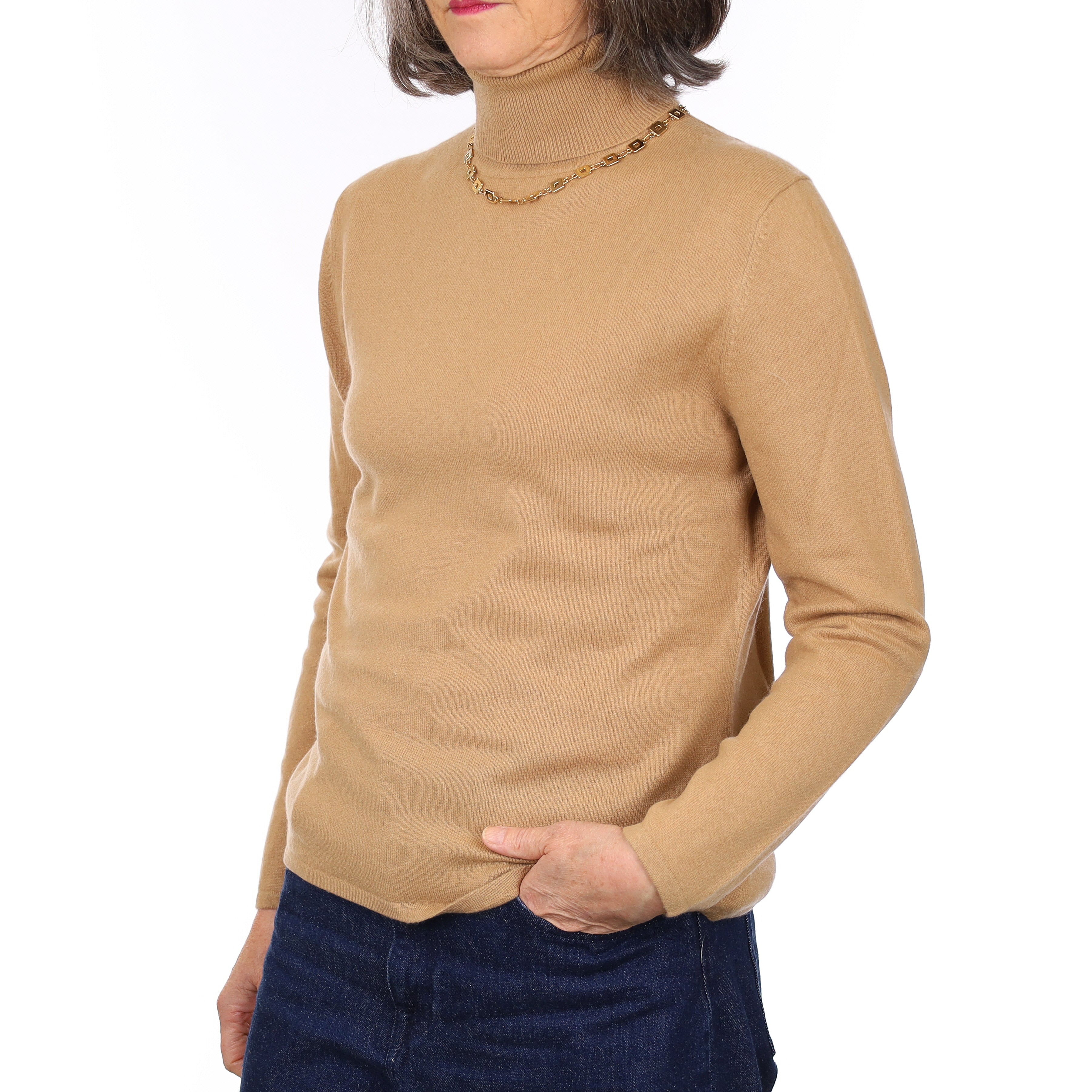 Camel Brown Cashmere Polo Neck Jumper Medium