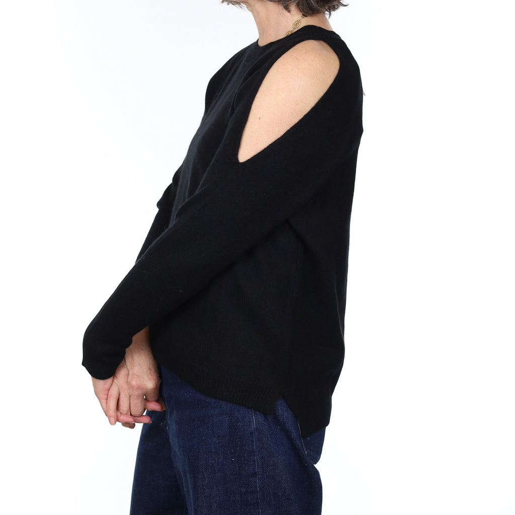 Black Cashmere Cold Shoulder Crew Neck Jumper Medium