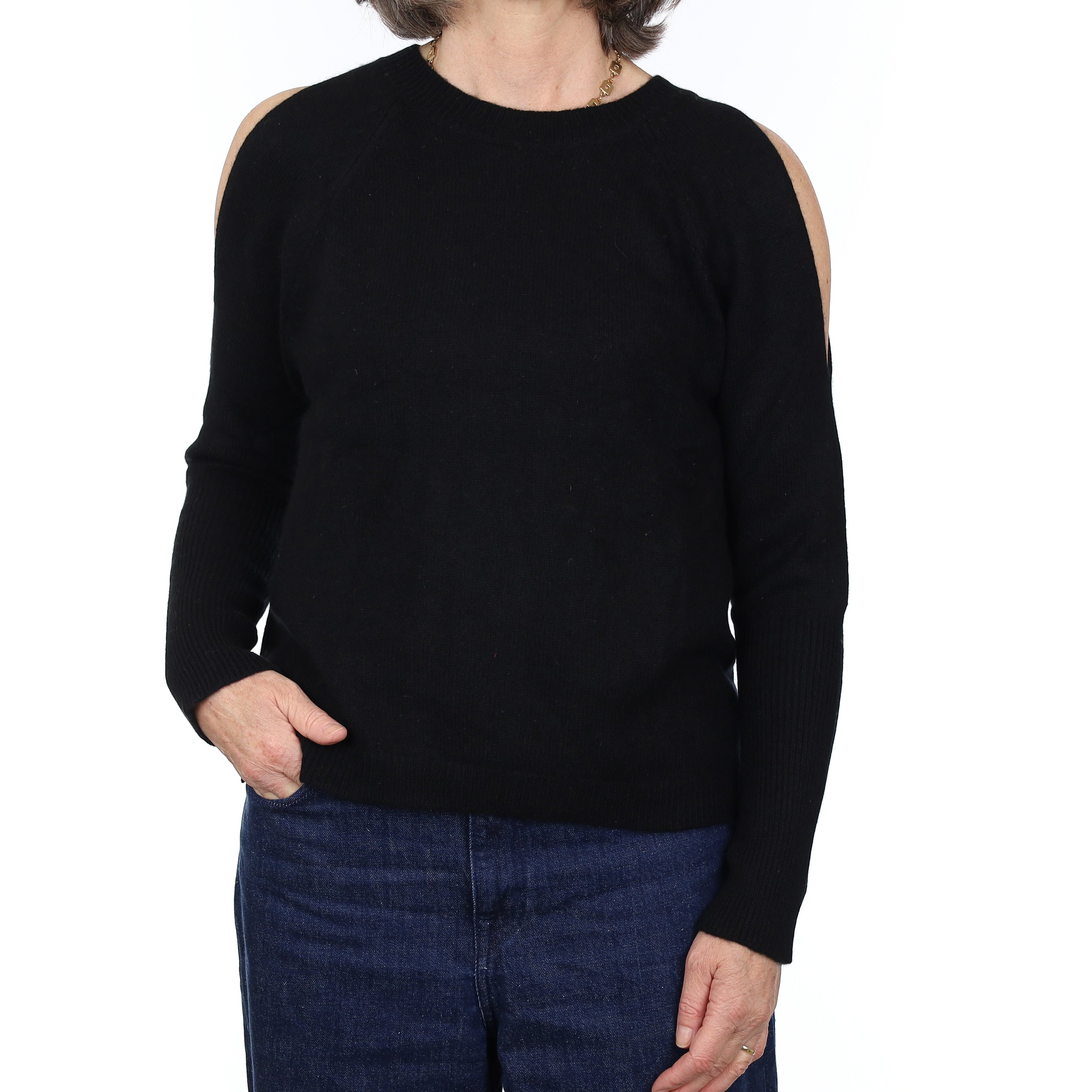 Black Cashmere Cold Shoulder Crew Neck Jumper Medium