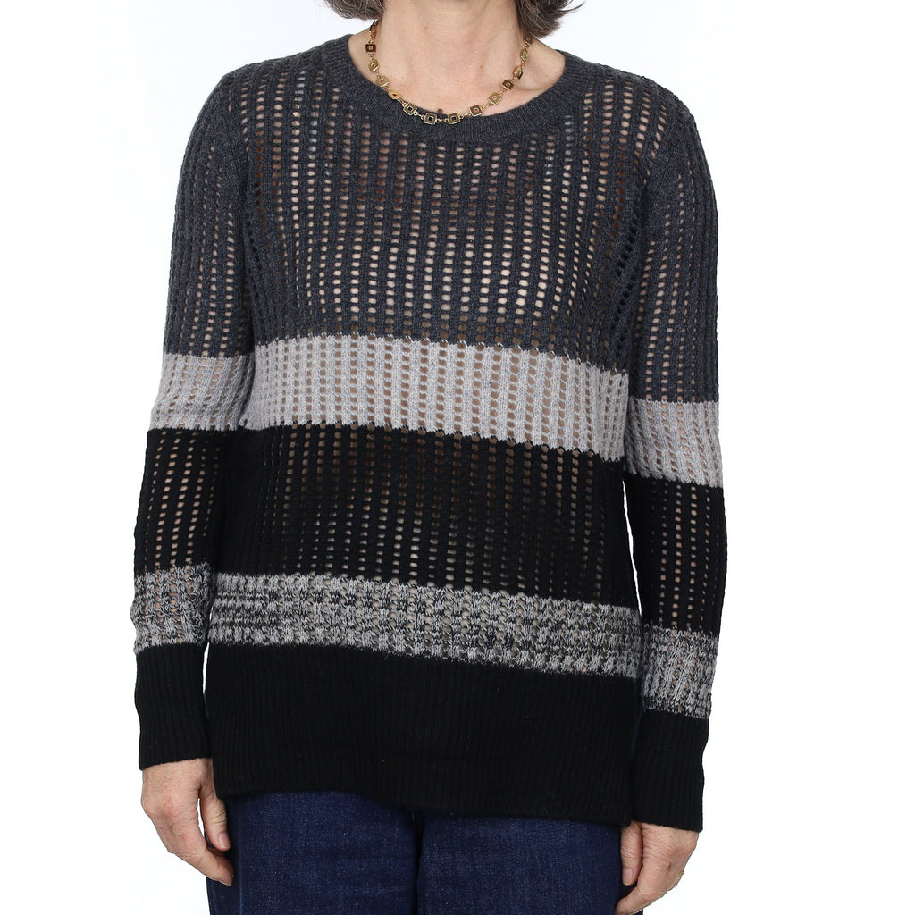 Grey Striped Lace Knit Cashmere Crew Neck Jumper Medium