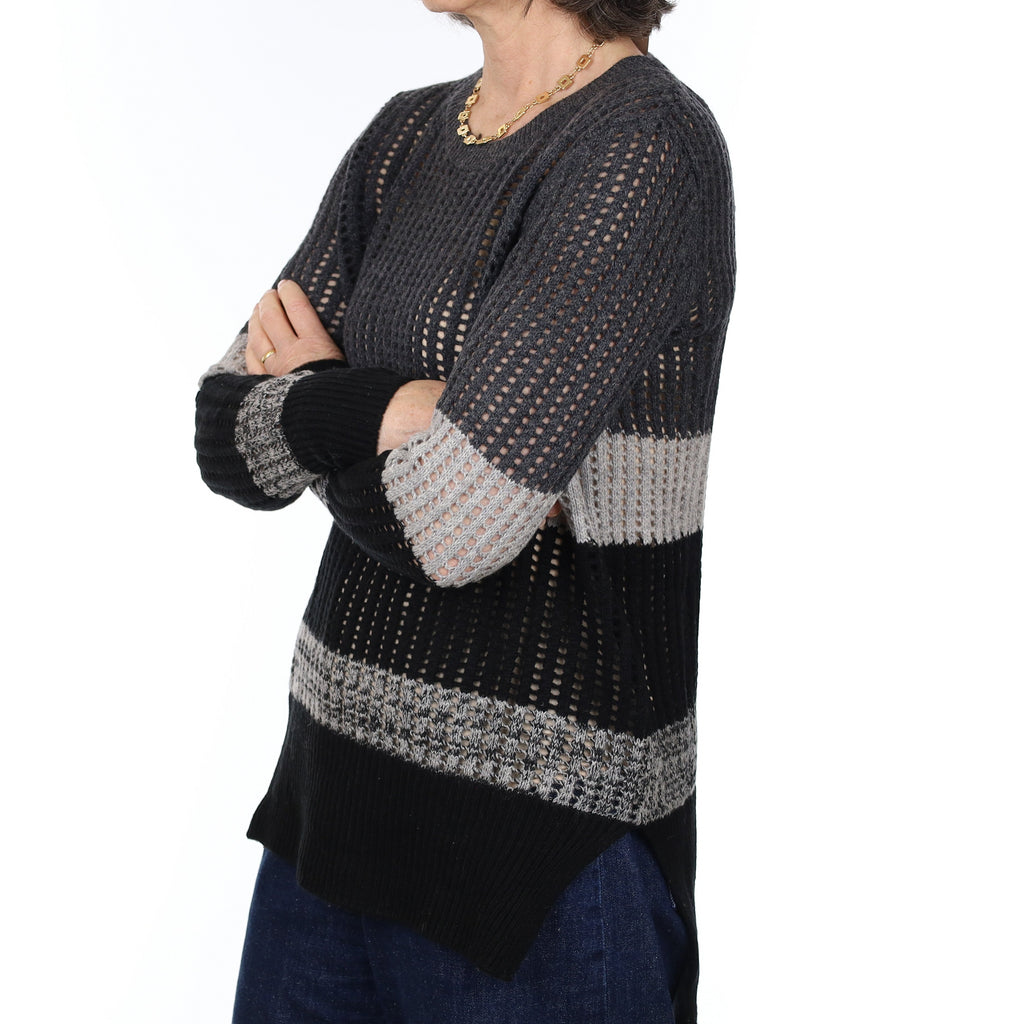 Grey Striped Lace Knit Cashmere Crew Neck Jumper Medium