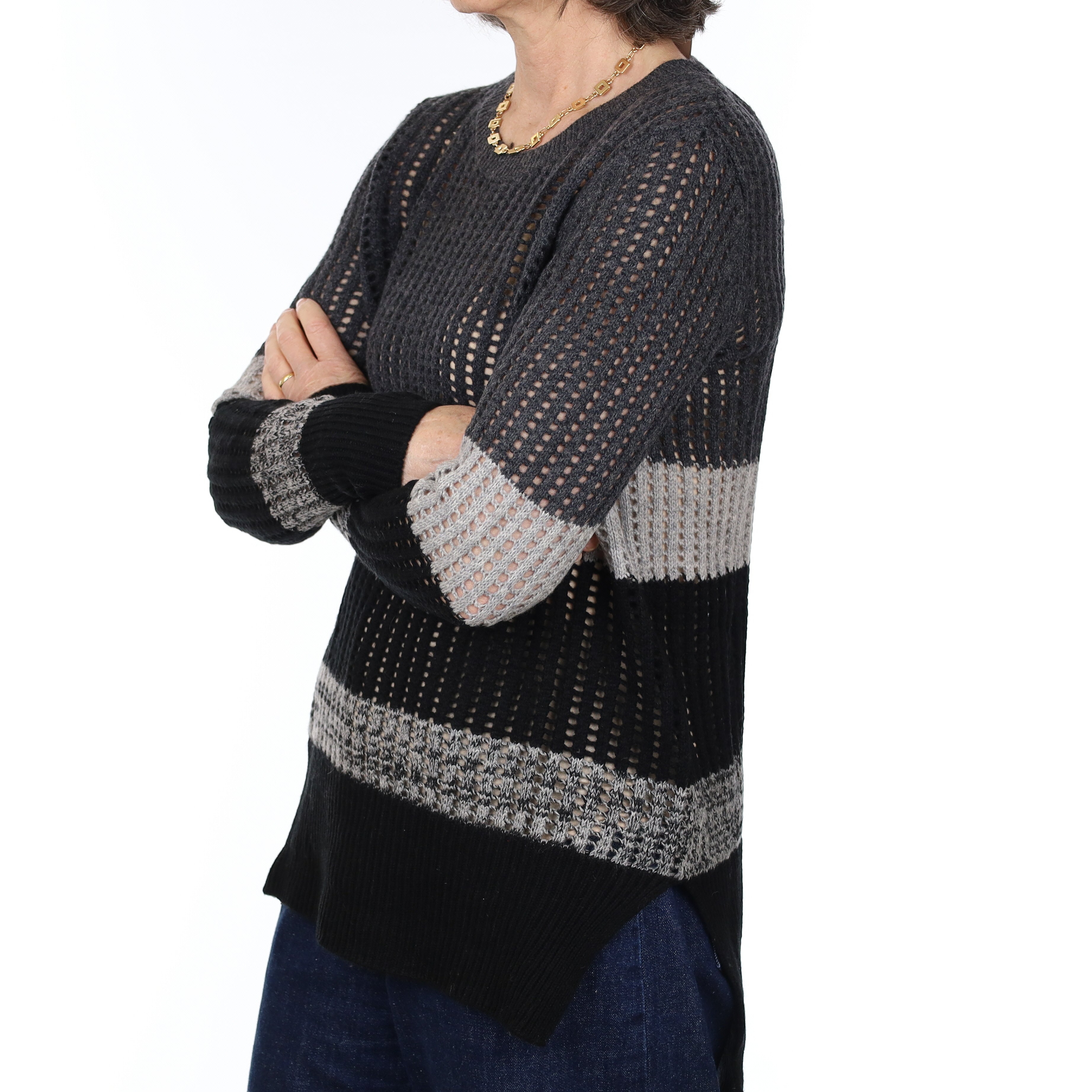 Grey Striped Lace Knit Cashmere Crew Neck Jumper Medium