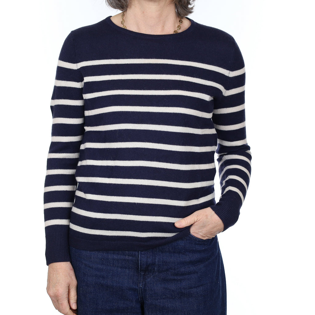 Navy and Cream Stripe Cashmere Crew Neck Jumper Medium