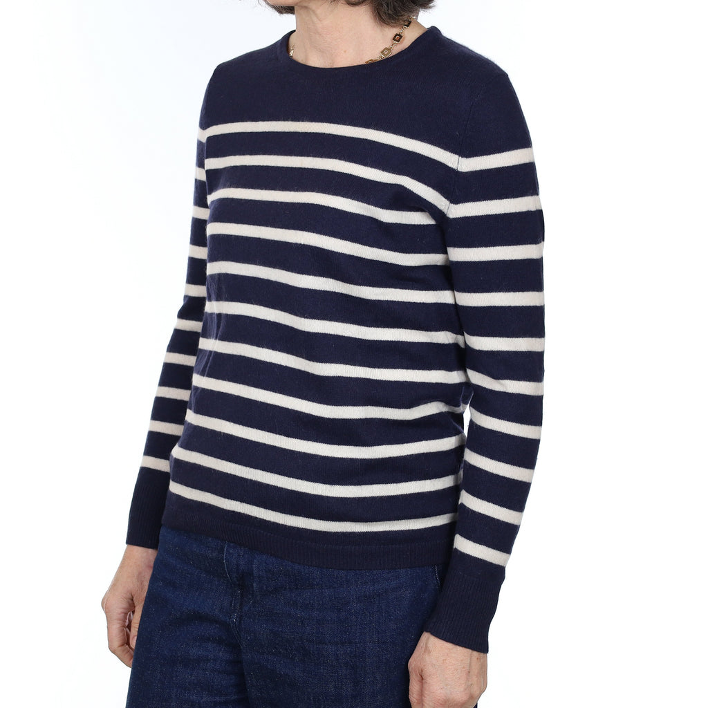 Navy and Cream Stripe Cashmere Crew Neck Jumper Medium