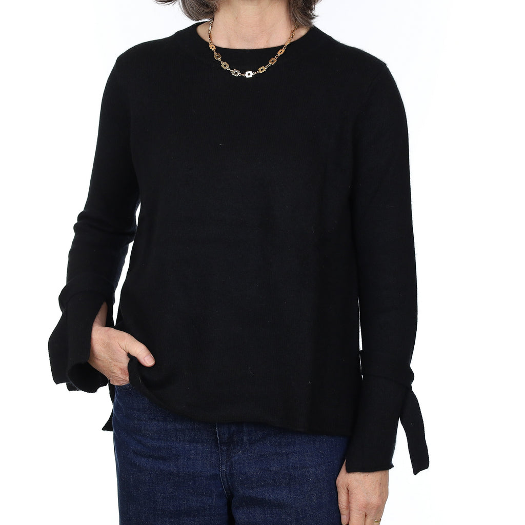 Black Cashmere Tie Sleeve Crew Neck Jumper Medium