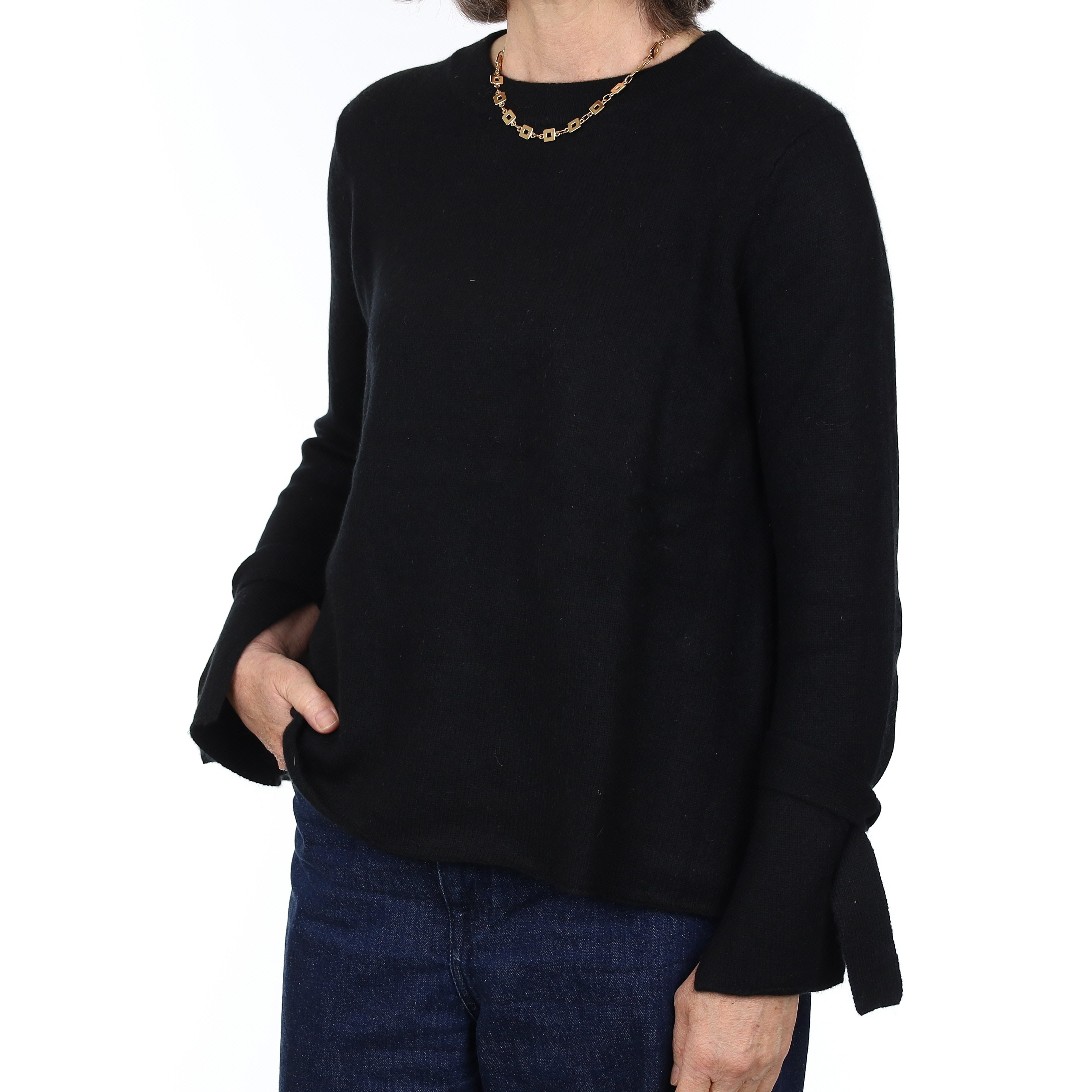 Black Cashmere Tie Sleeve Crew Neck Jumper Medium