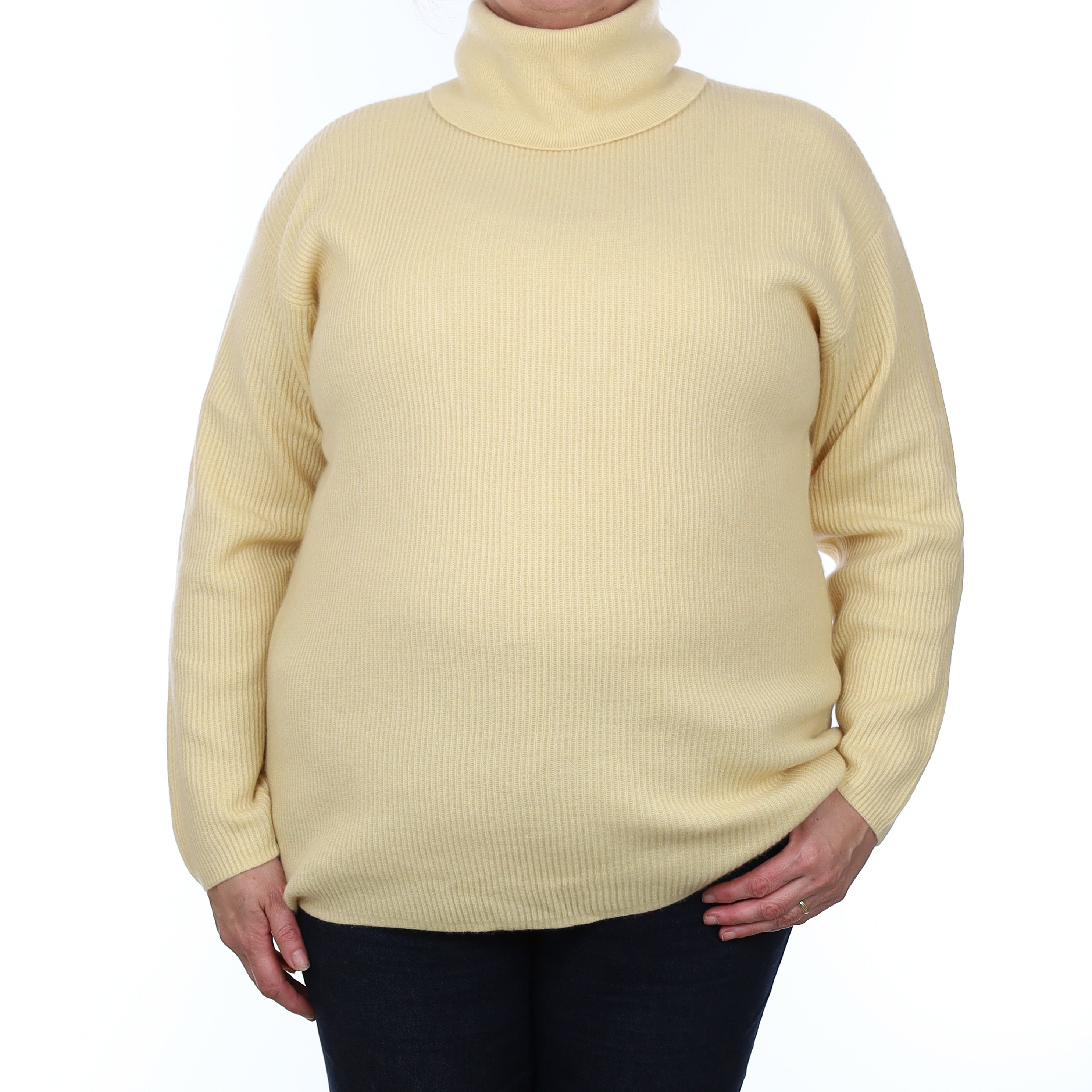 Custard Yellow Rib Cashmere Polo Neck Jumper Extra Large