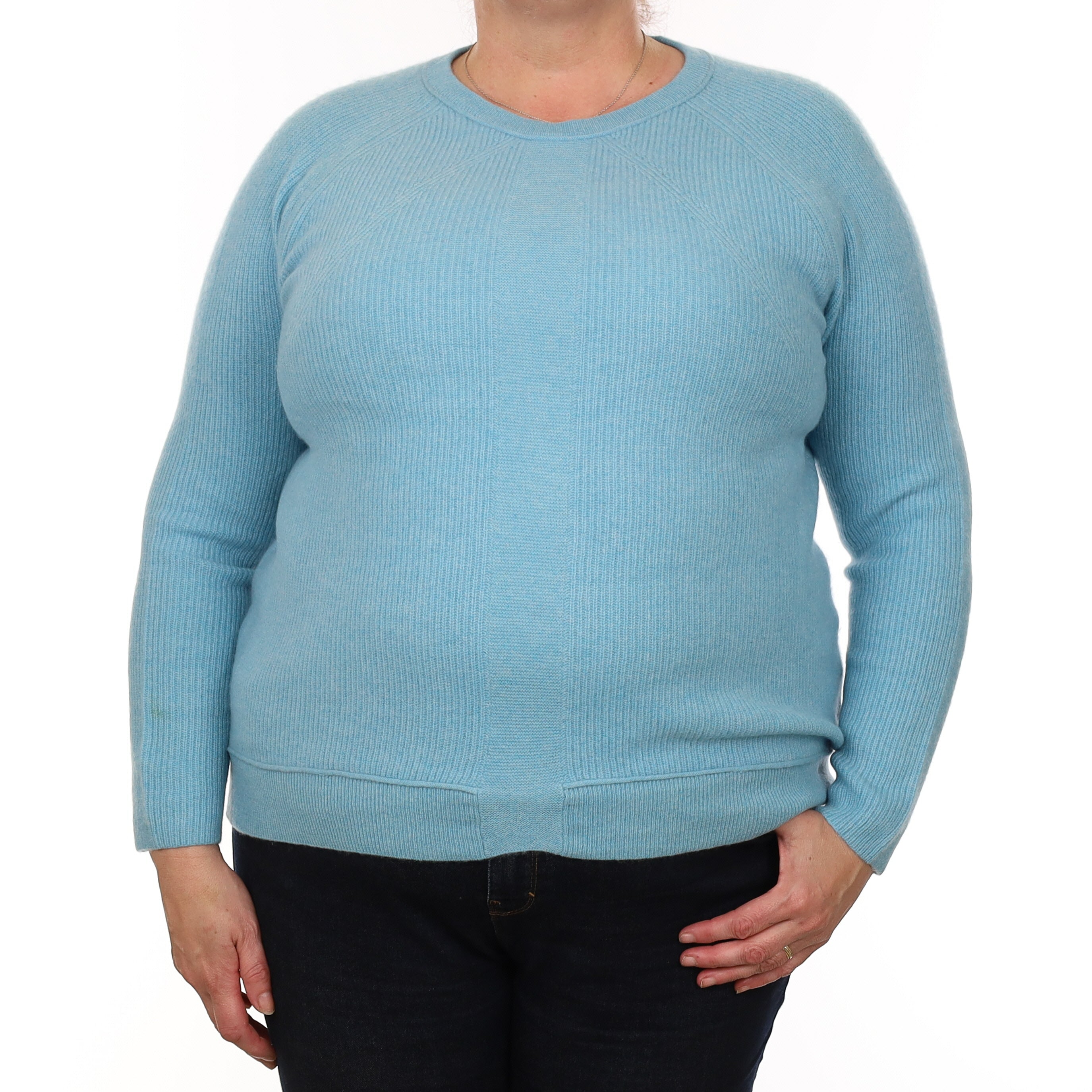 Aqua Blue Rib Cashmere Crew Neck Jumper Extra Large