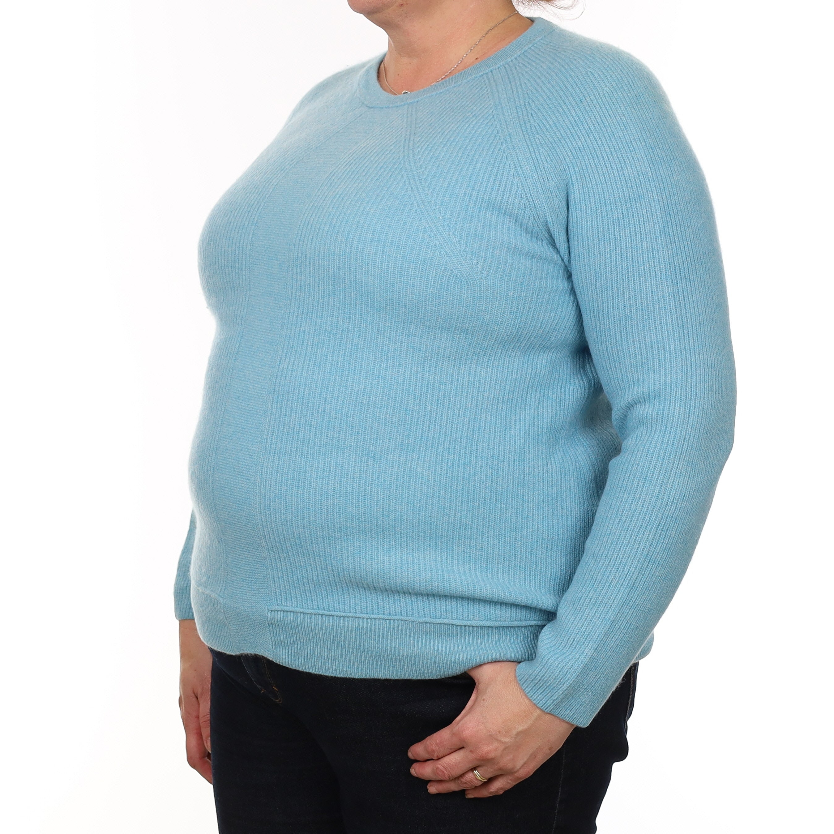 Aqua Blue Rib Cashmere Crew Neck Jumper Extra Large