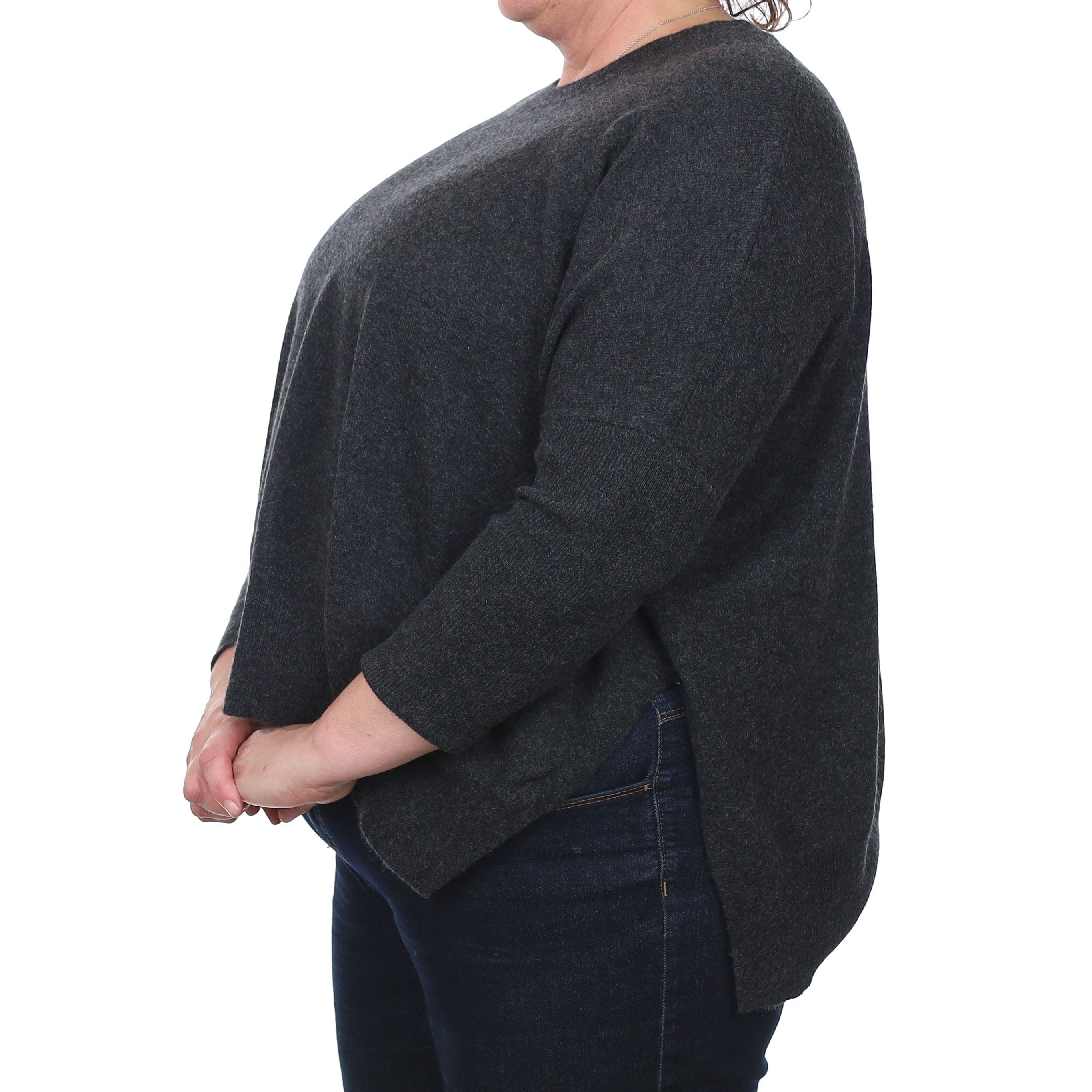 Charcoal Grey Cashmere Slit Side Crew Neck Jumper Extra Large