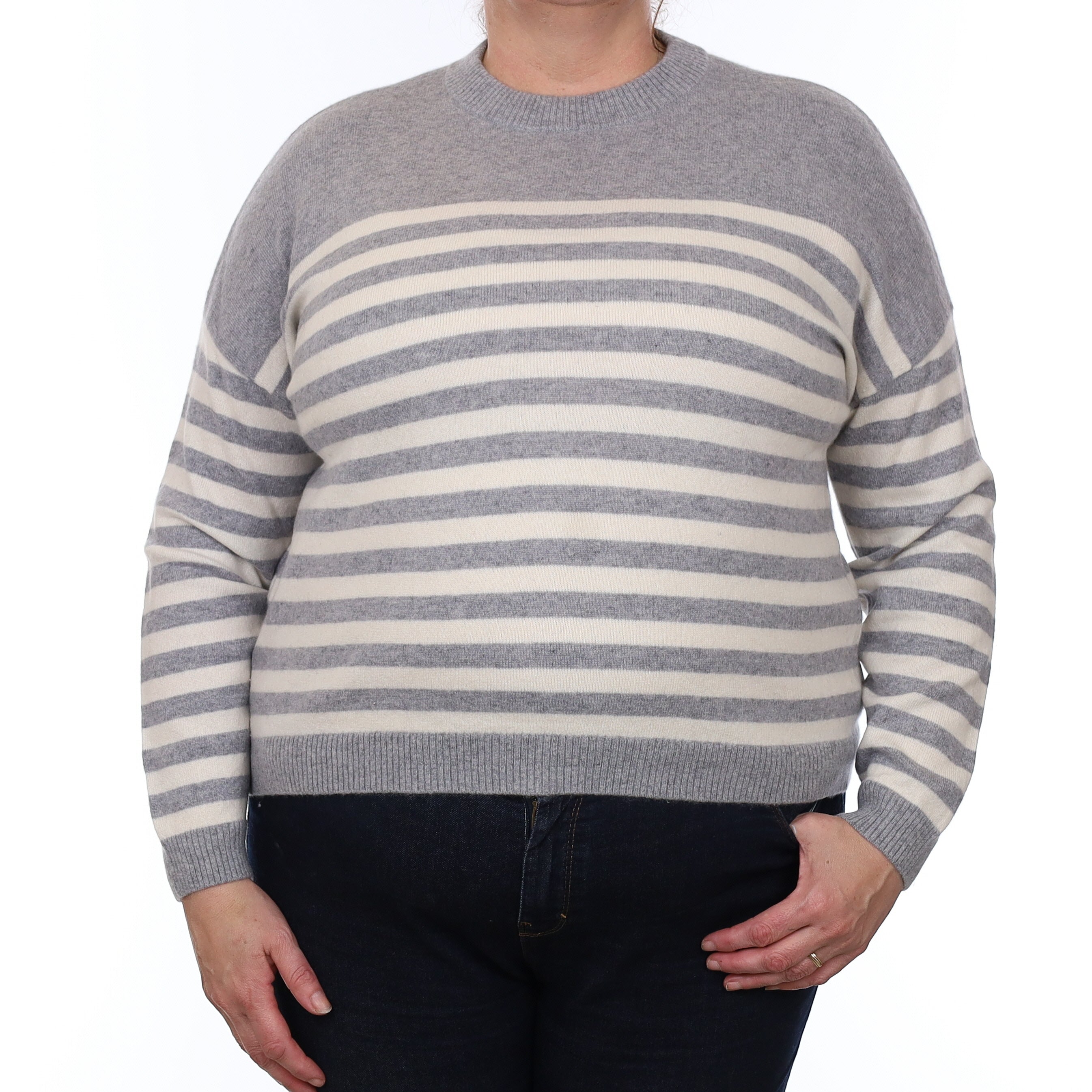 Grey and Ivory Stripe Cashmere Crew Neck Jumper Extra Large