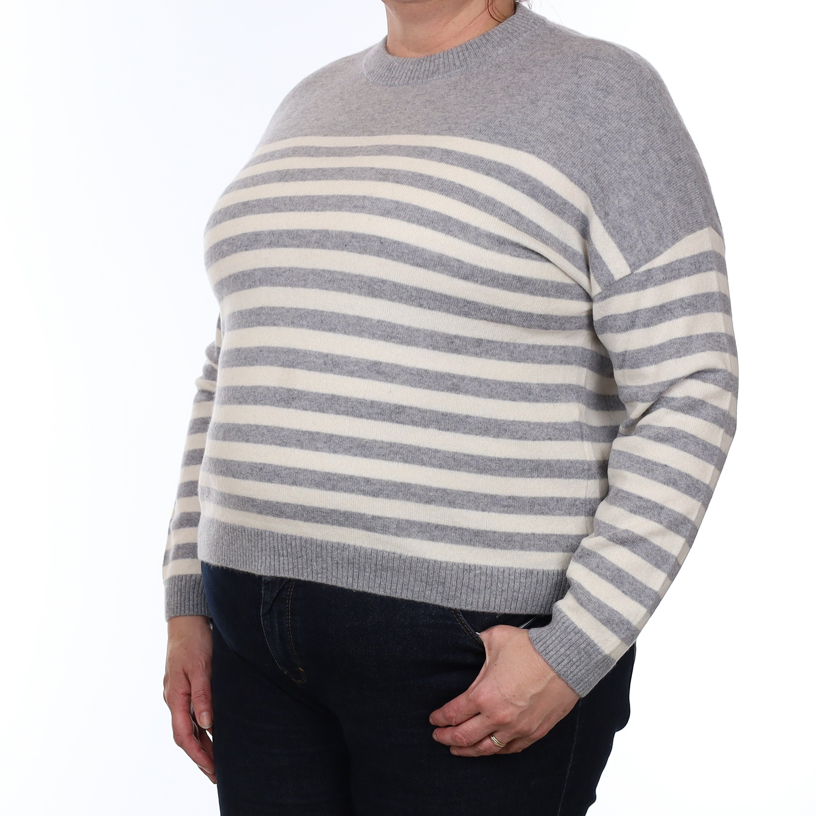 Grey and Ivory Stripe Cashmere Crew Neck Jumper Extra Large