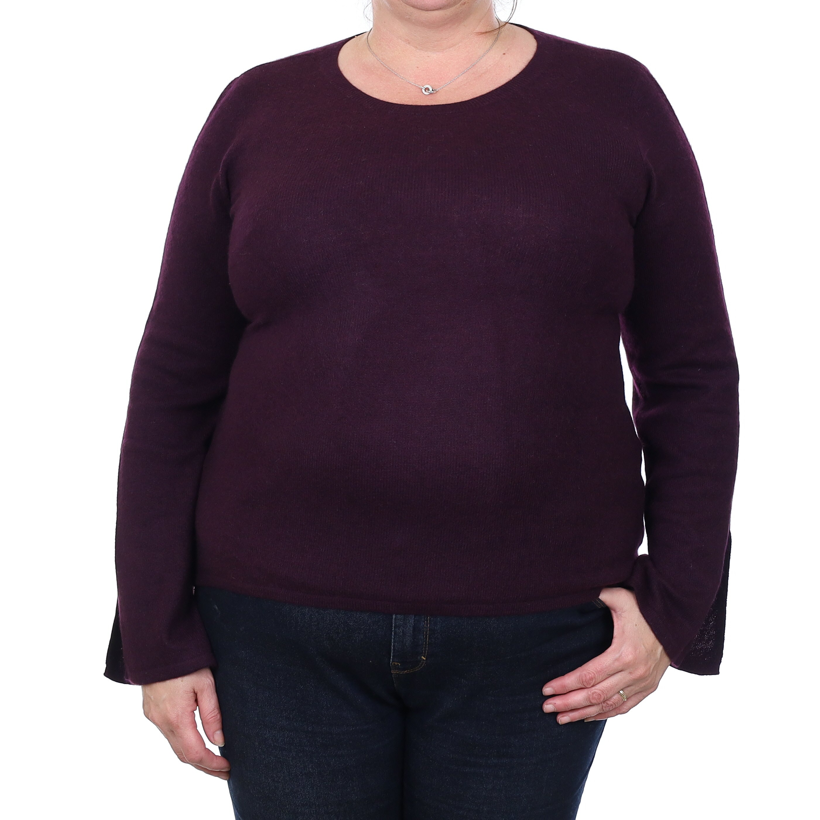 Aubergine Purple Cashmere Flared Sleeve Crew Neck Jumper Extra Large