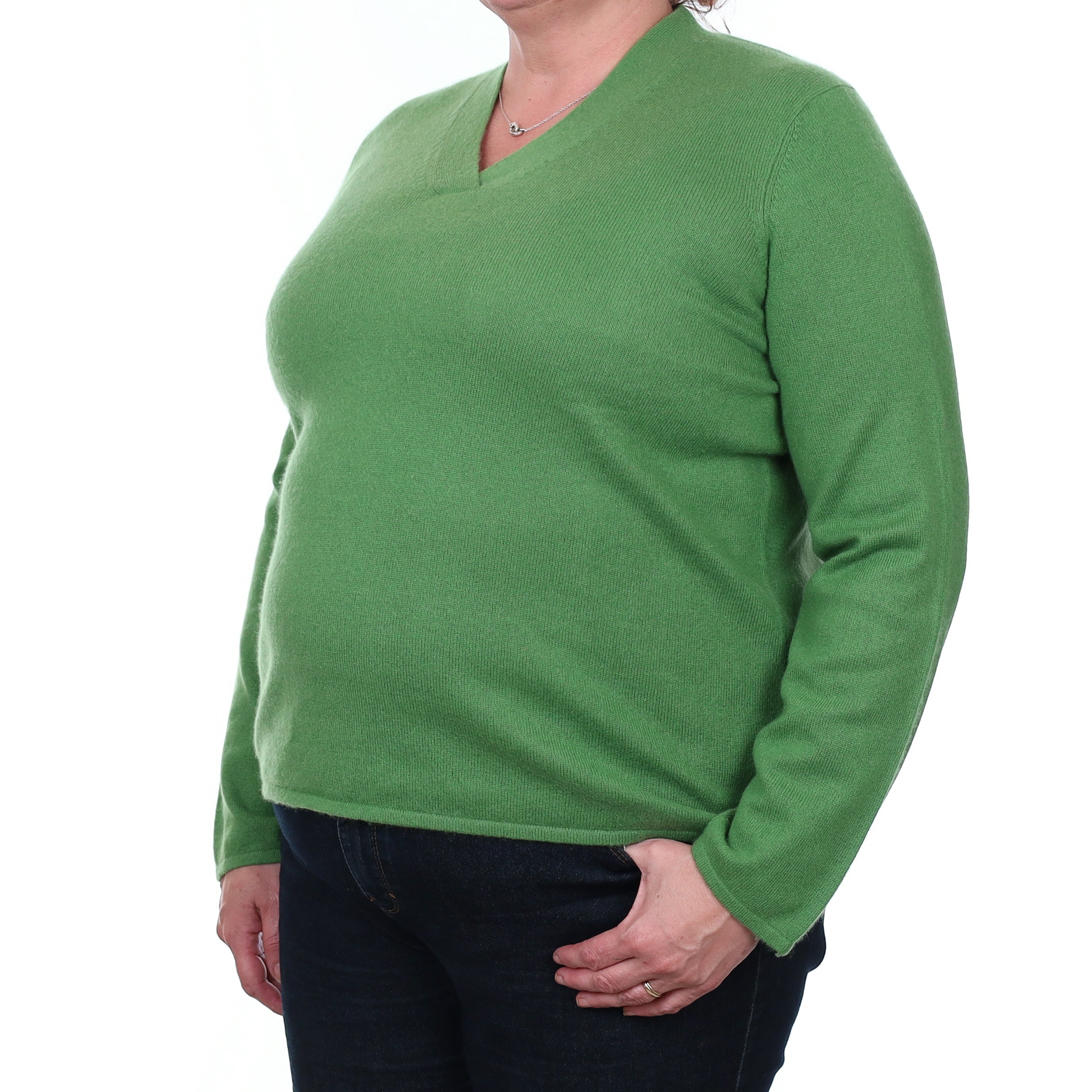 Fern Green Cashmere V Neck Jumper XXL