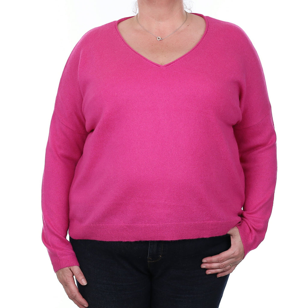 Fuchsia Pink Cashmere Slouchy V Neck Jumper Extra Large