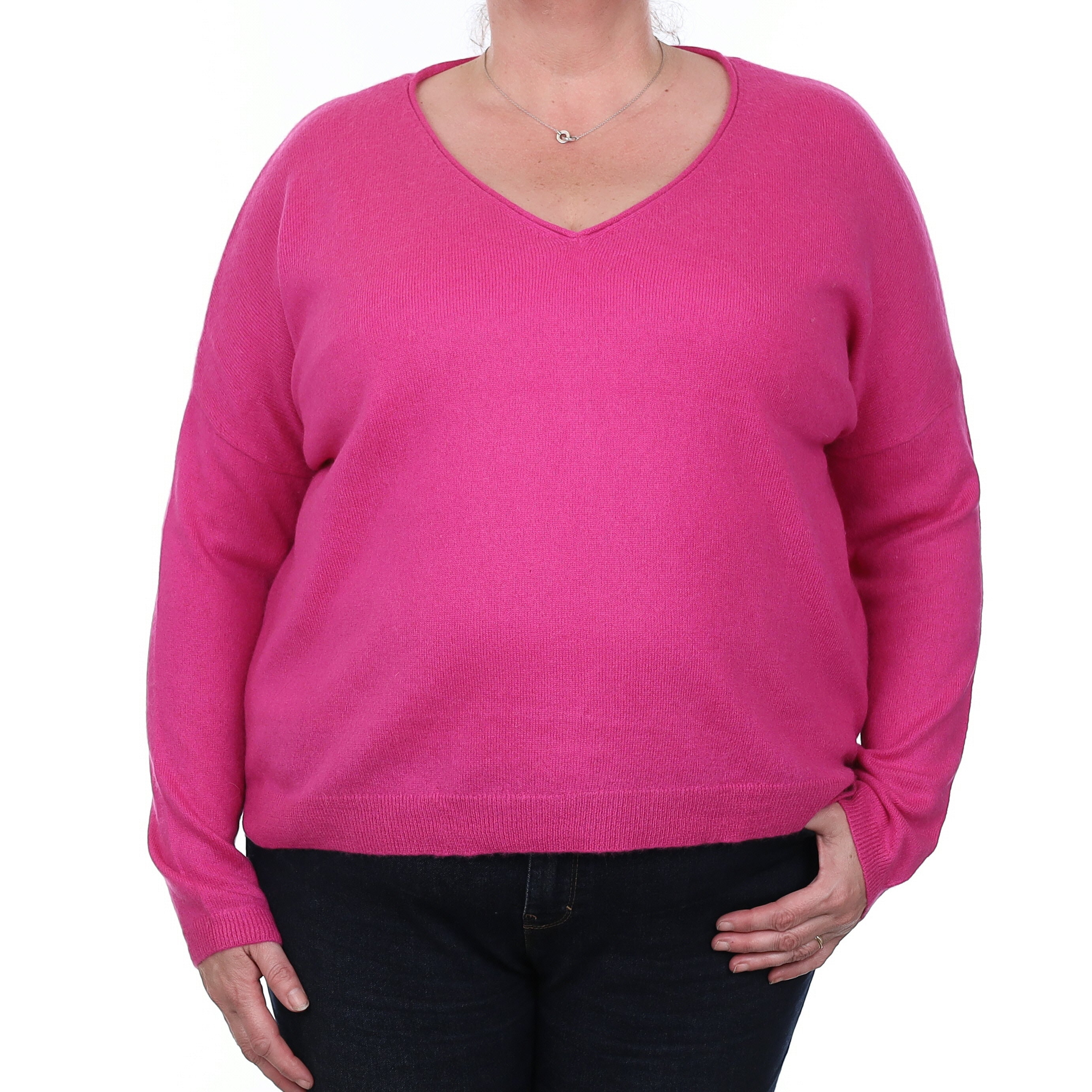 Fuchsia Pink Cashmere Slouchy V Neck Jumper Extra Large