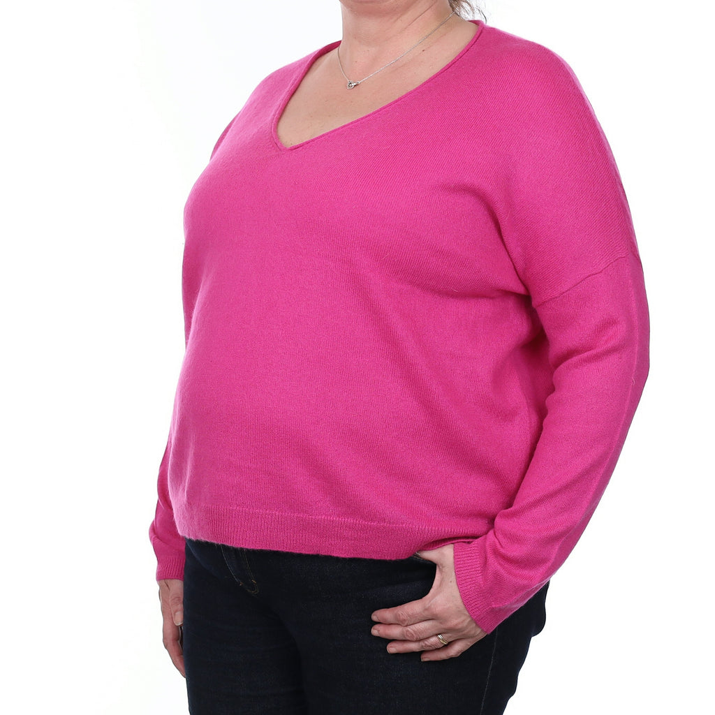 Fuchsia Pink Cashmere Slouchy V Neck Jumper Extra Large