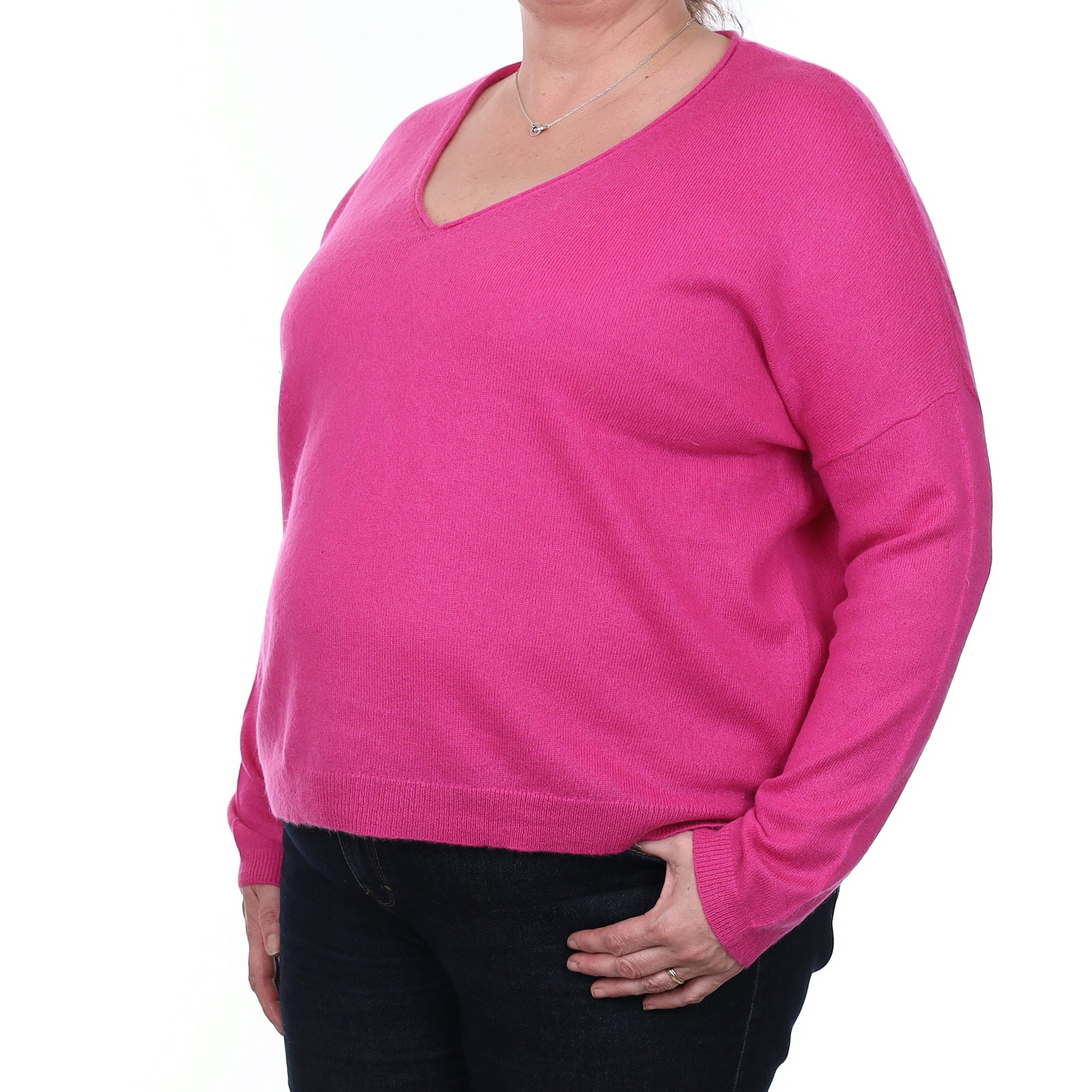 Fuchsia Pink Cashmere Slouchy V Neck Jumper Extra Large