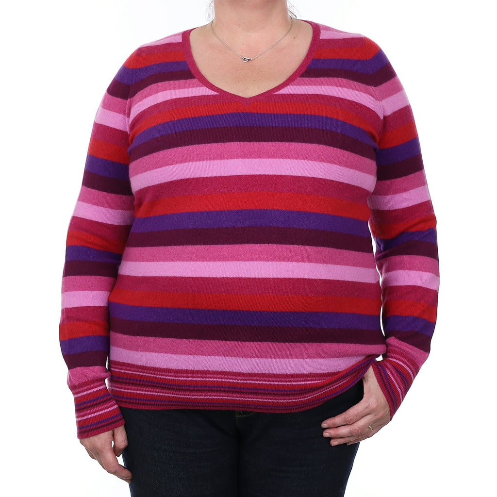 Pink and Purple Stripe Cashmere V Neck Jumper Extra Large
