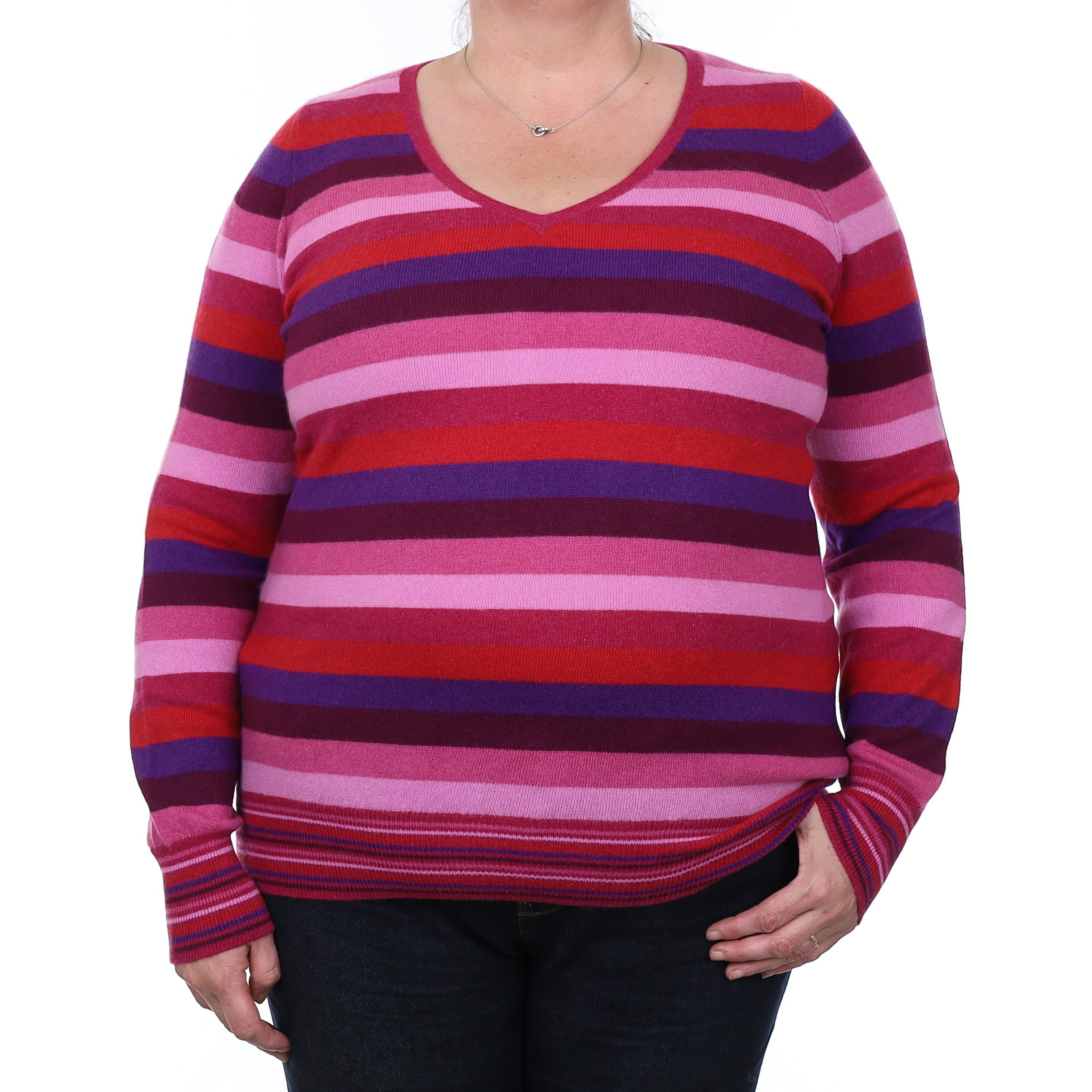 Pink and Purple Stripe Cashmere V Neck Jumper Extra Large