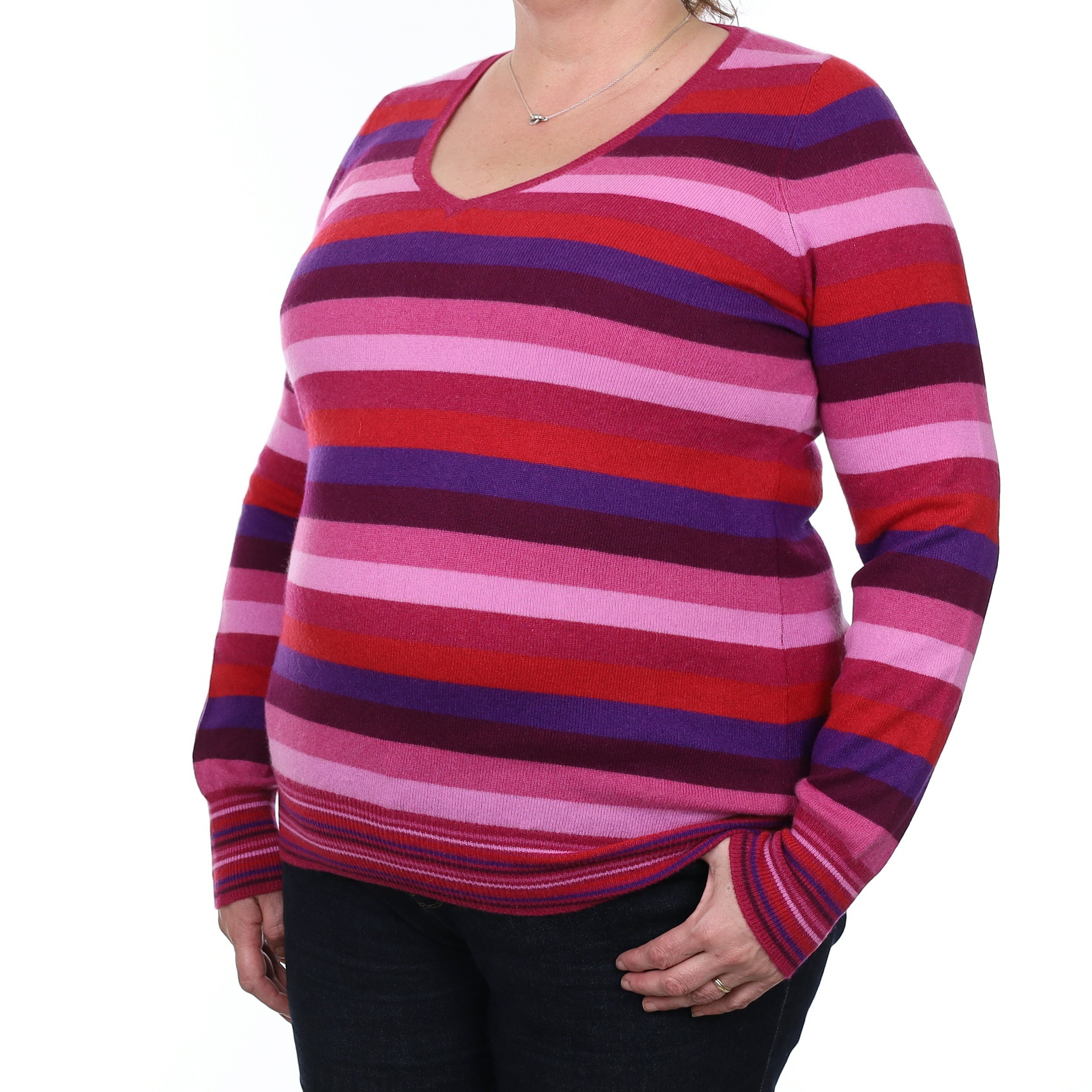 Pink and Purple Stripe Cashmere V Neck Jumper Extra Large