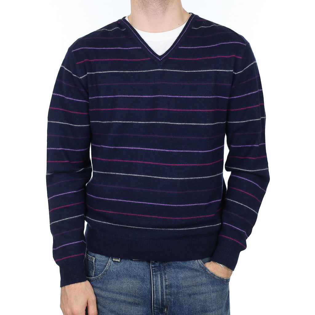 Men's Navy and Purple Stripe Cashmere V Neck Jumper Large