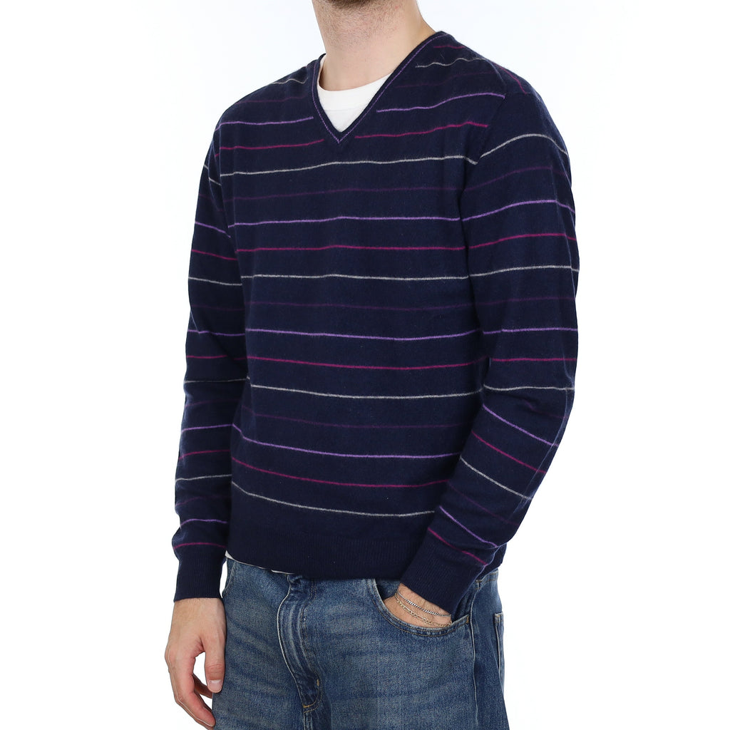 Men's Navy and Purple Stripe Cashmere V Neck Jumper Large