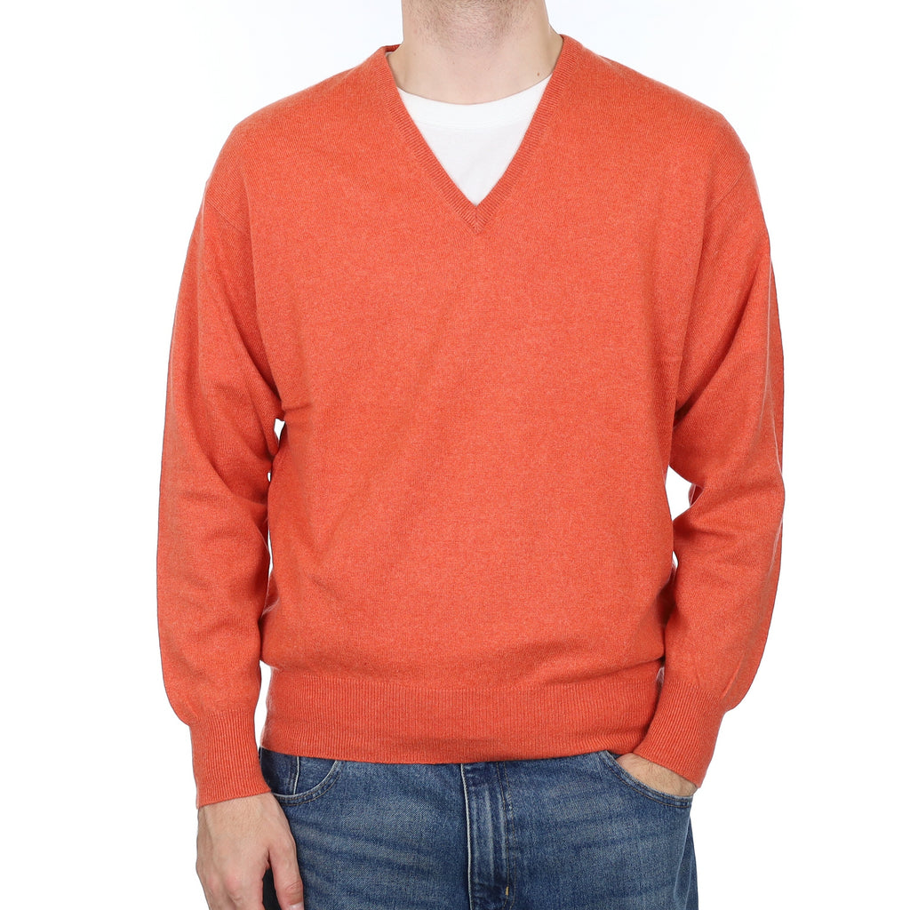 Men's Sunset Orange Cashmere V Neck Jumper Large