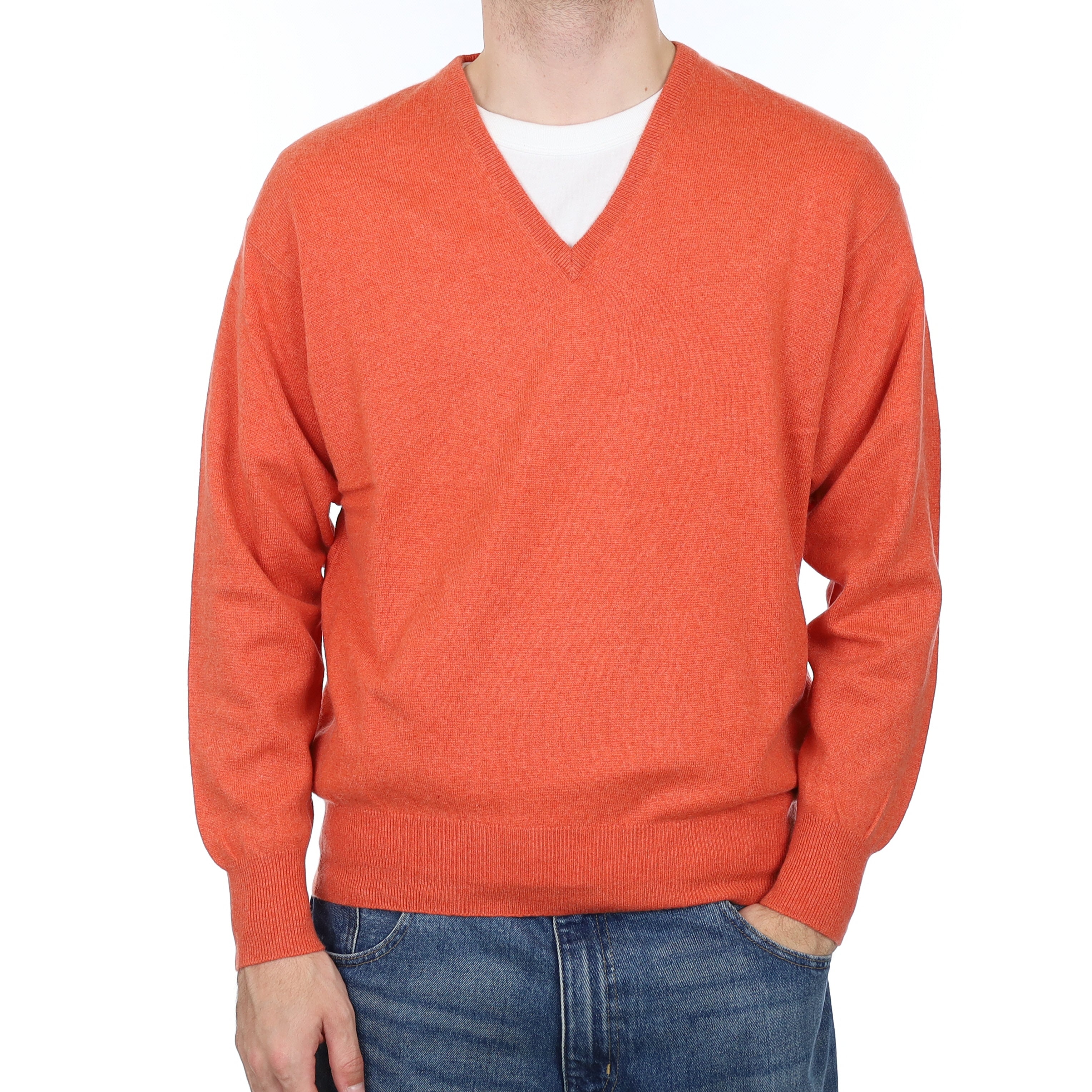 Men's Sunset Orange Cashmere V Neck Jumper Large