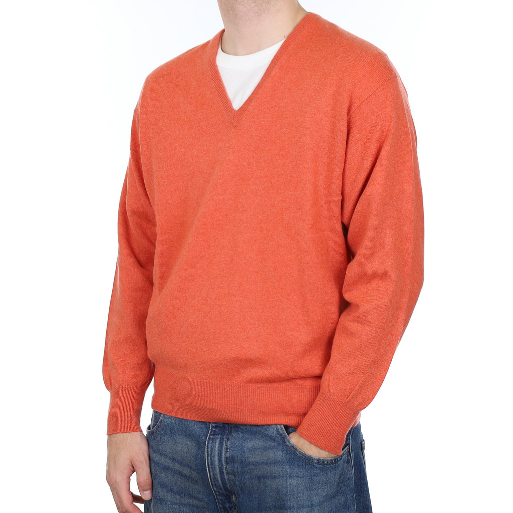 Men's Sunset Orange Cashmere V Neck Jumper Large