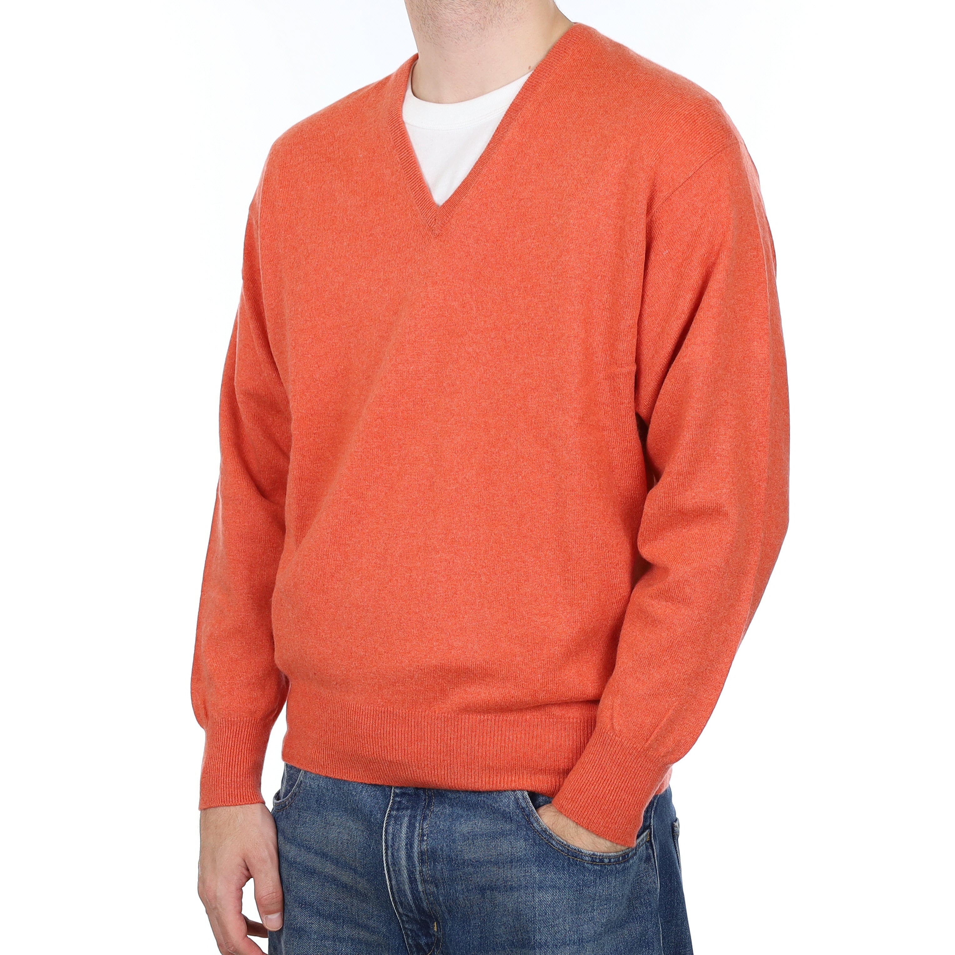 Men's Sunset Orange Cashmere V Neck Jumper Large