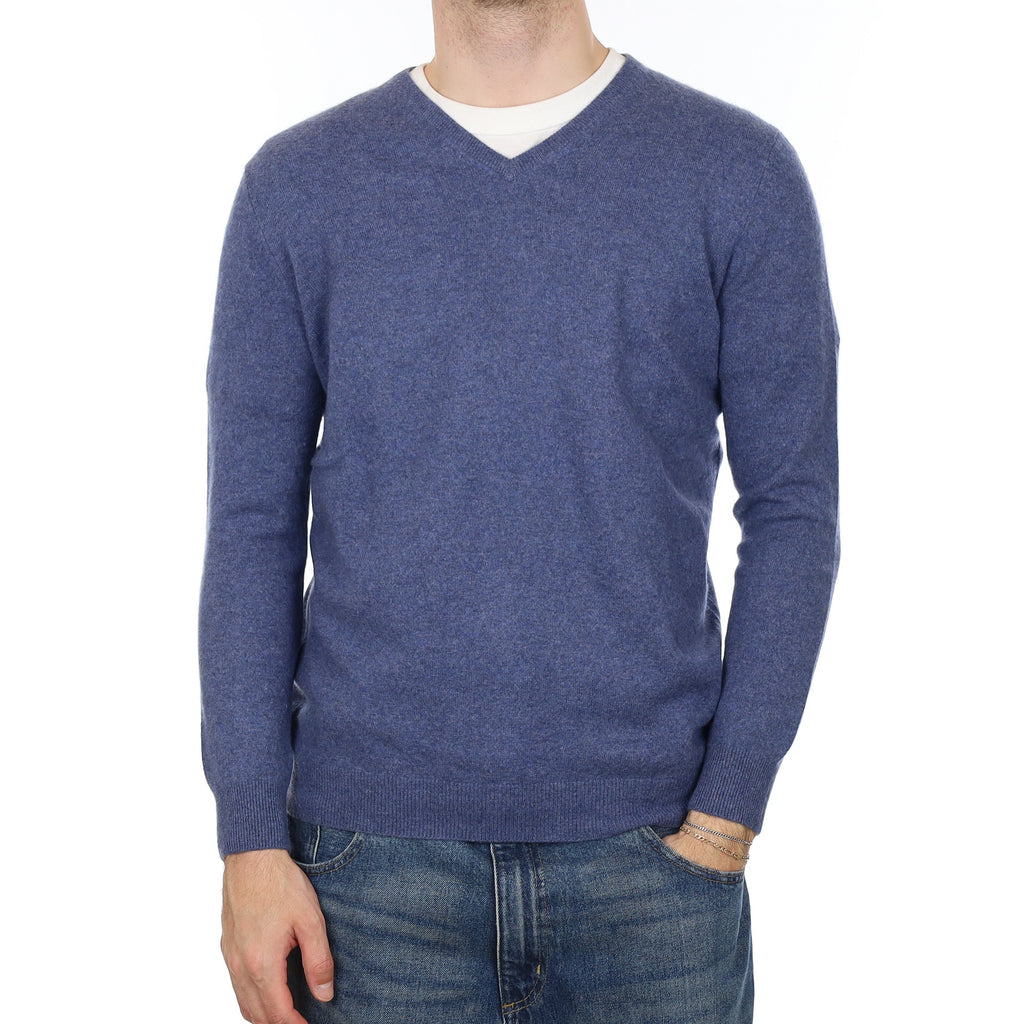 Men's Denim Blue Cashmere V Neck Jumper Large