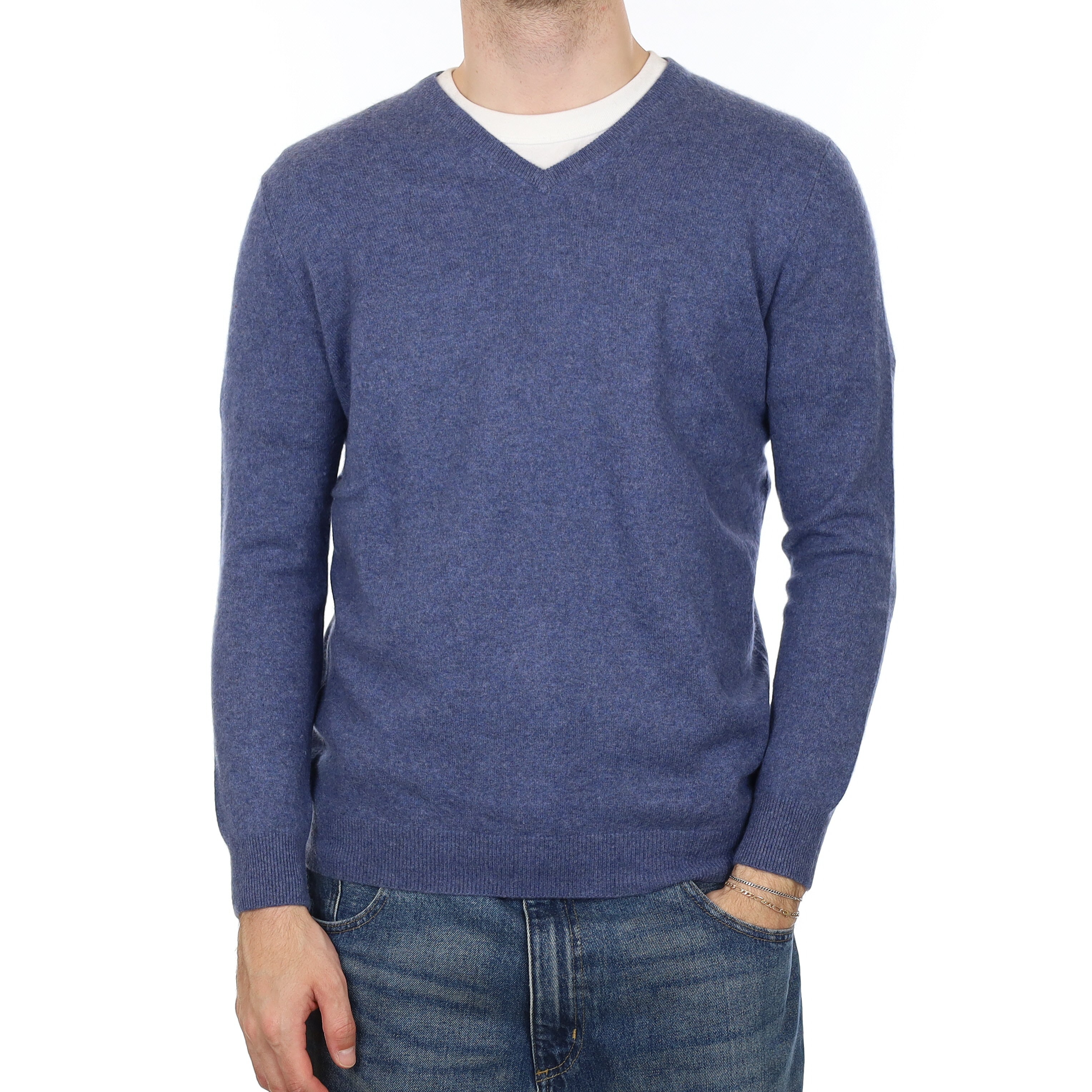 Men's Denim Blue Cashmere V Neck Jumper Large